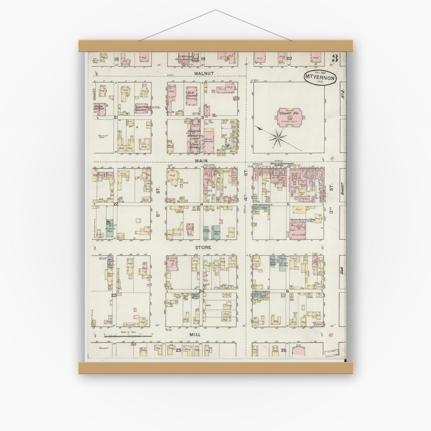 Old map wall art mockup — magnetic wood frame on white wall — Sanborn Fire Insurance Map from Mount Vernon, Posey County, Indiana (1887), Sheet #0003