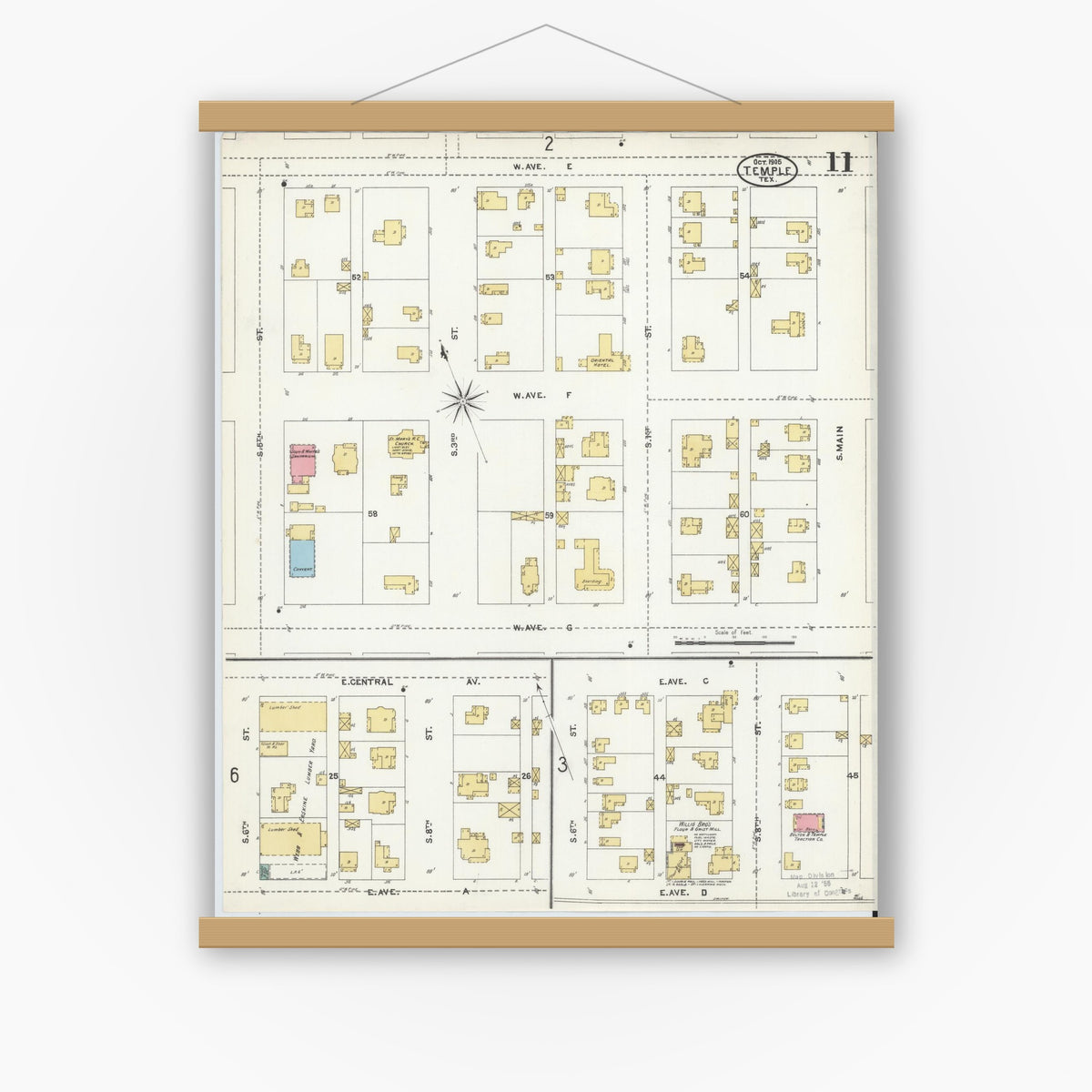 Old map wall art mockup — magnetic wood frame on white wall — Sanborn Fire Insurance Map from Temple, Bell County, Texas (1905), Sheet #0011