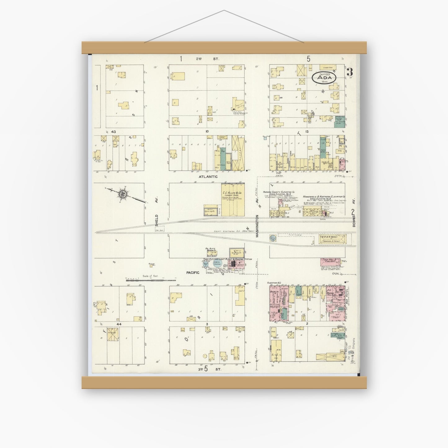 Old map wall art mockup — magnetic wood frame on white wall — Sanborn Fire Insurance Map from Ada, Norman County, Minnesota (1909), Sheet #0003