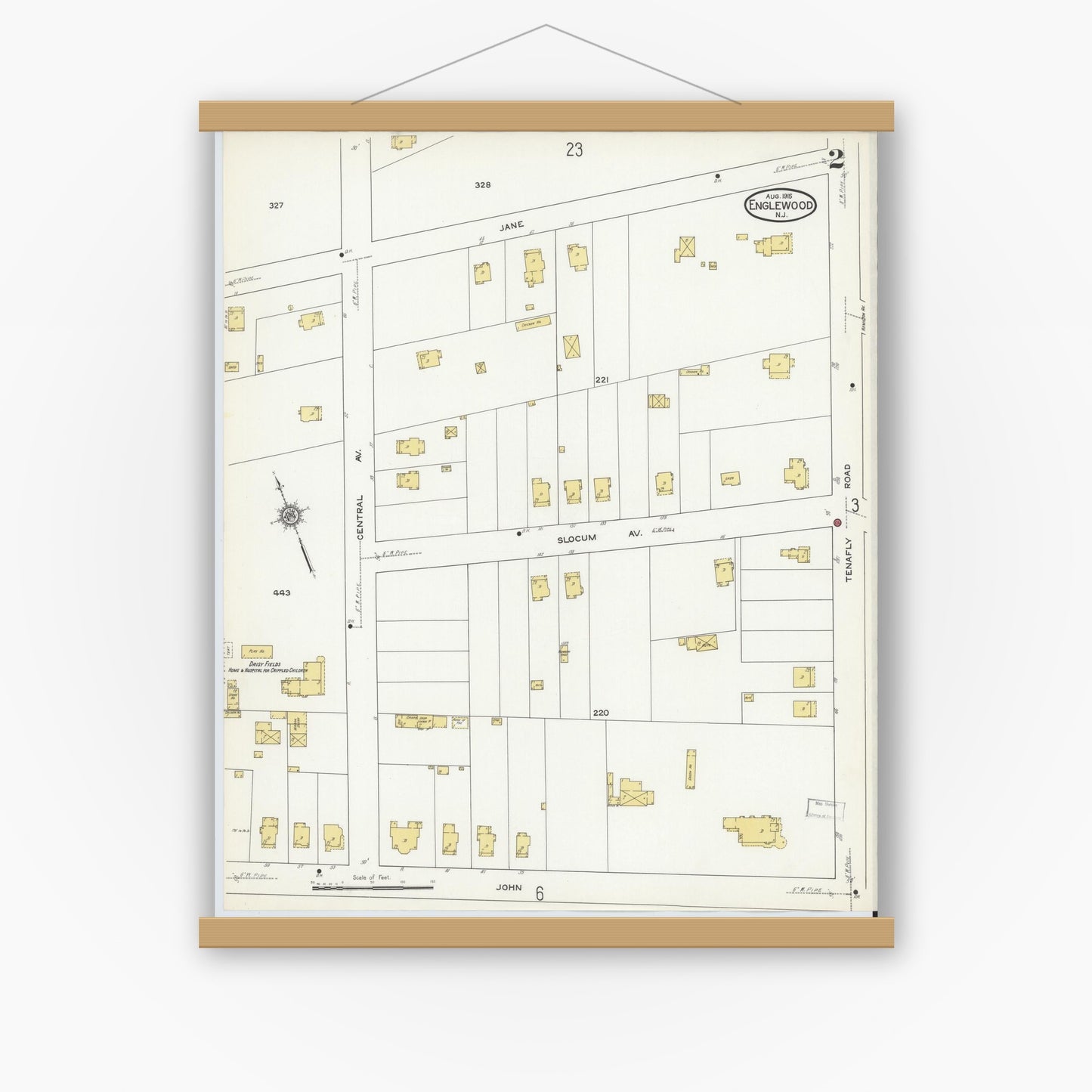 Old map wall art mockup — magnetic wood frame on white wall — Sanborn Fire Insurance Map from Englewood, Bergen County, New Jersey (1915) - Complete Map Set