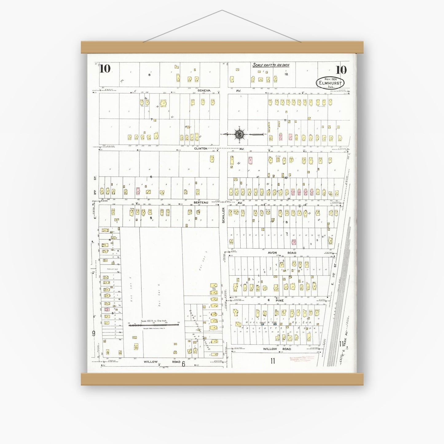 Old map wall art mockup — magnetic wood frame on white wall — Sanborn Fire Insurance Map from Elmhurst, Du Page County, Illinois (1924), Sheet #0010