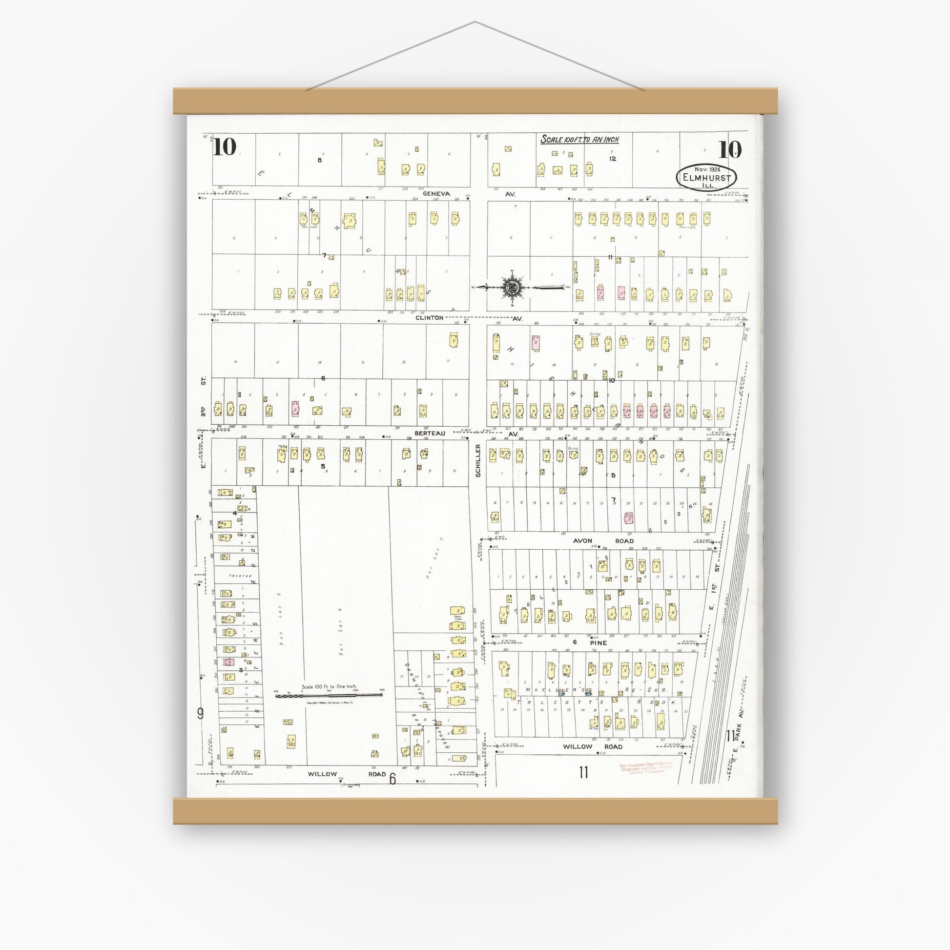 Old map wall art mockup — magnetic wood frame on white wall — Sanborn Fire Insurance Map from Elmhurst, Du Page County, Illinois (1924), Sheet #0010