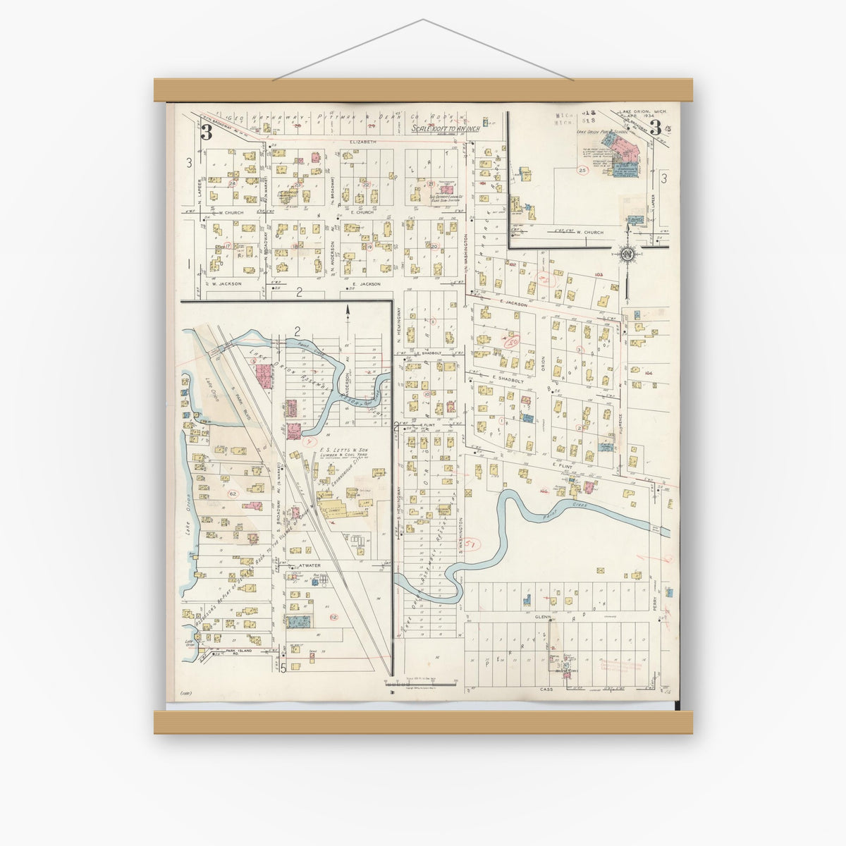 Old map wall art mockup — magnetic wood frame on white wall — Sanborn Fire Insurance Map from Lake Orion, Oakland County, Michigan (1943), Sheet #0003