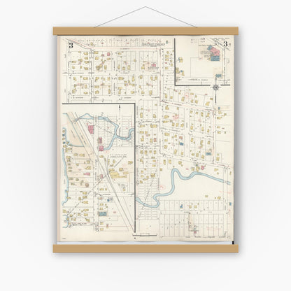 Old map wall art mockup — magnetic wood frame on white wall — Sanborn Fire Insurance Map from Lake Orion, Oakland County, Michigan (1943), Sheet #0003