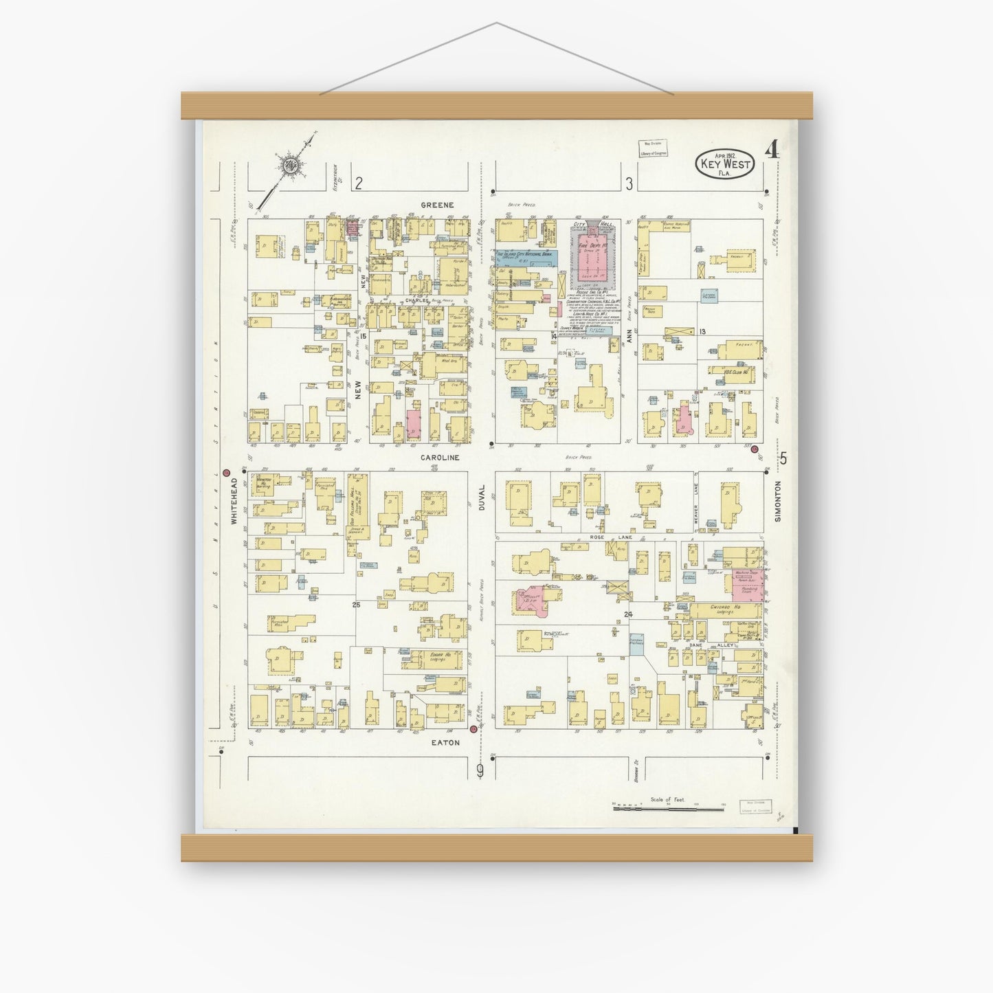 Old map wall art mockup — magnetic wood frame on white wall — Sanborn Fire Insurance Map from Key West, Monroe County, Florida (1912), Sheet #0004