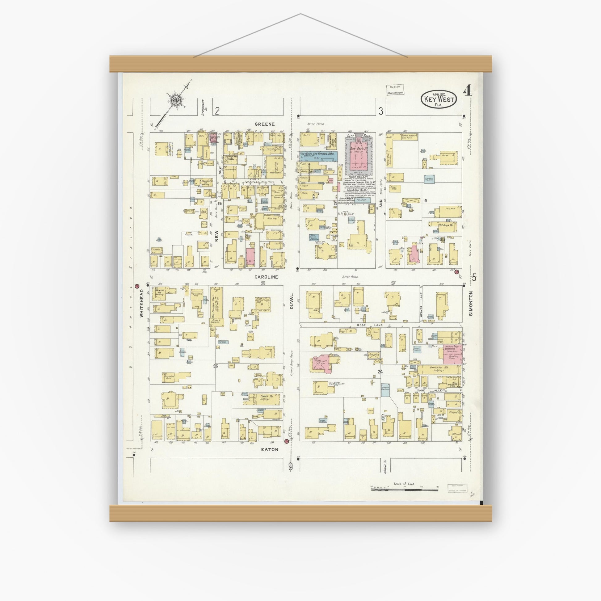 Old map wall art mockup — magnetic wood frame on white wall — Sanborn Fire Insurance Map from Key West, Monroe County, Florida (1912), Sheet #0004