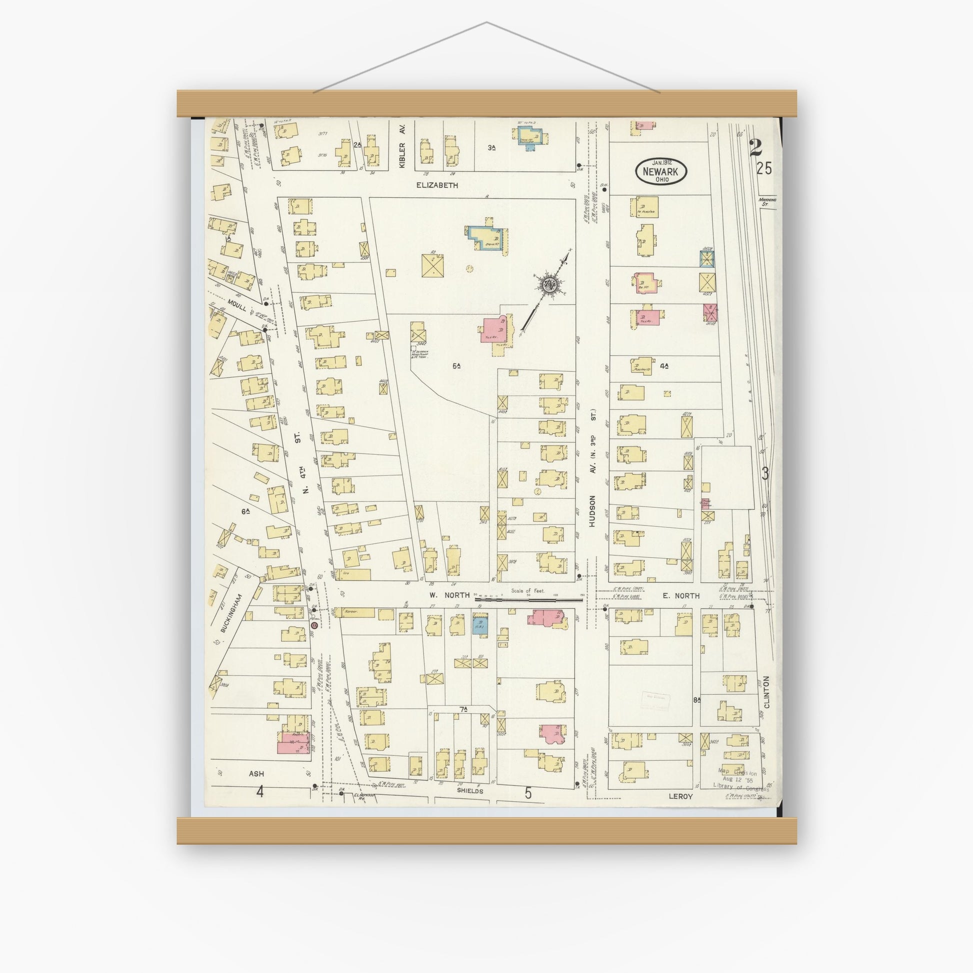 Old map wall art mockup — magnetic wood frame on white wall — Sanborn Fire Insurance Map from Newark, Licking County, Ohio (1912), Sheet #0002