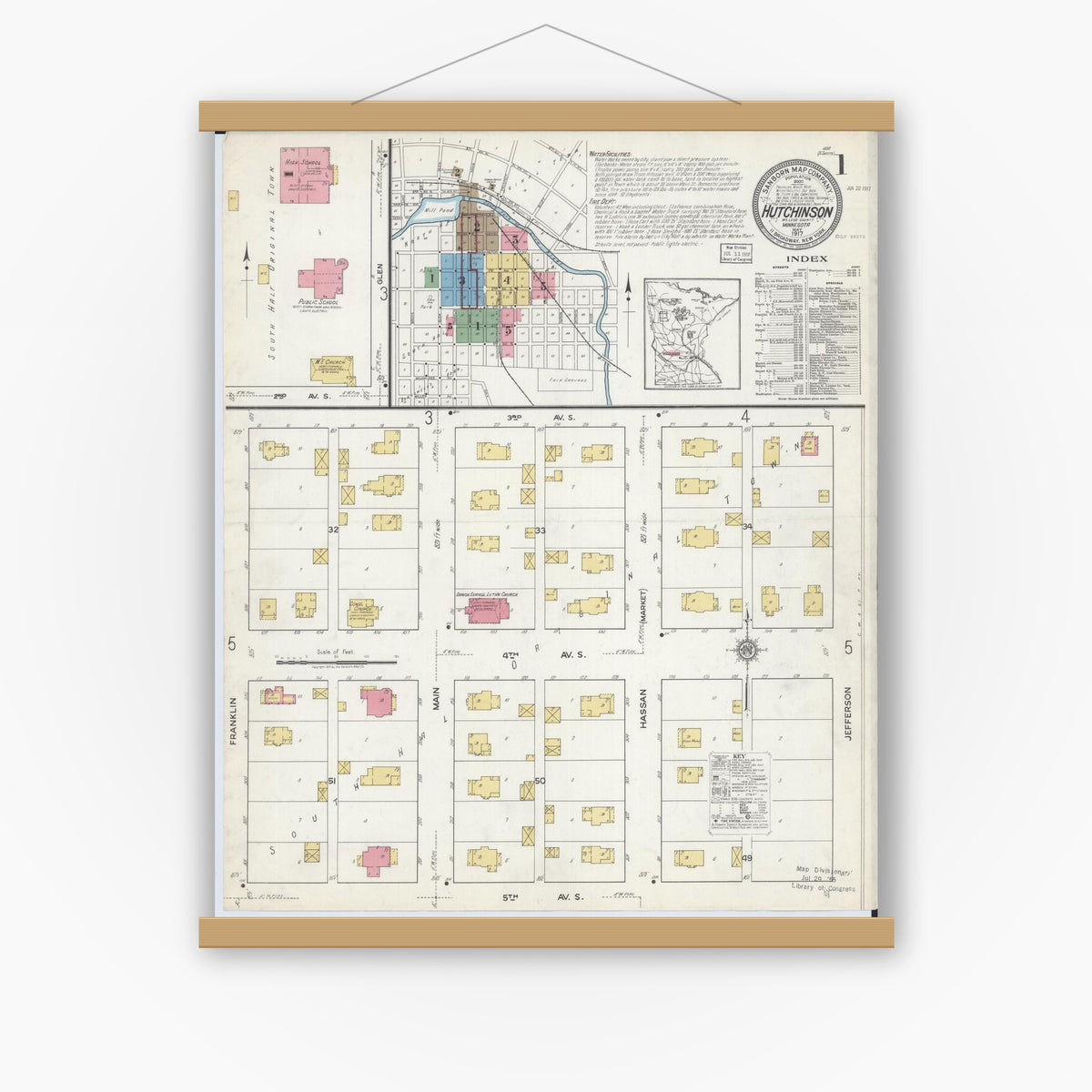Old map wall art mockup — magnetic wood frame on white wall — Sanborn Fire Insurance Map from Hutchinson, Mcleod County, Minnesota (1917), Sheet #0001