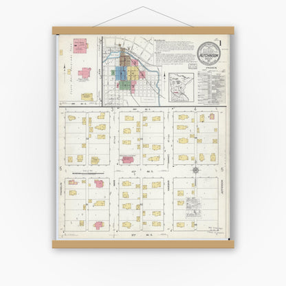 Old map wall art mockup — magnetic wood frame on white wall — Sanborn Fire Insurance Map from Hutchinson, Mcleod County, Minnesota (1917), Sheet #0001