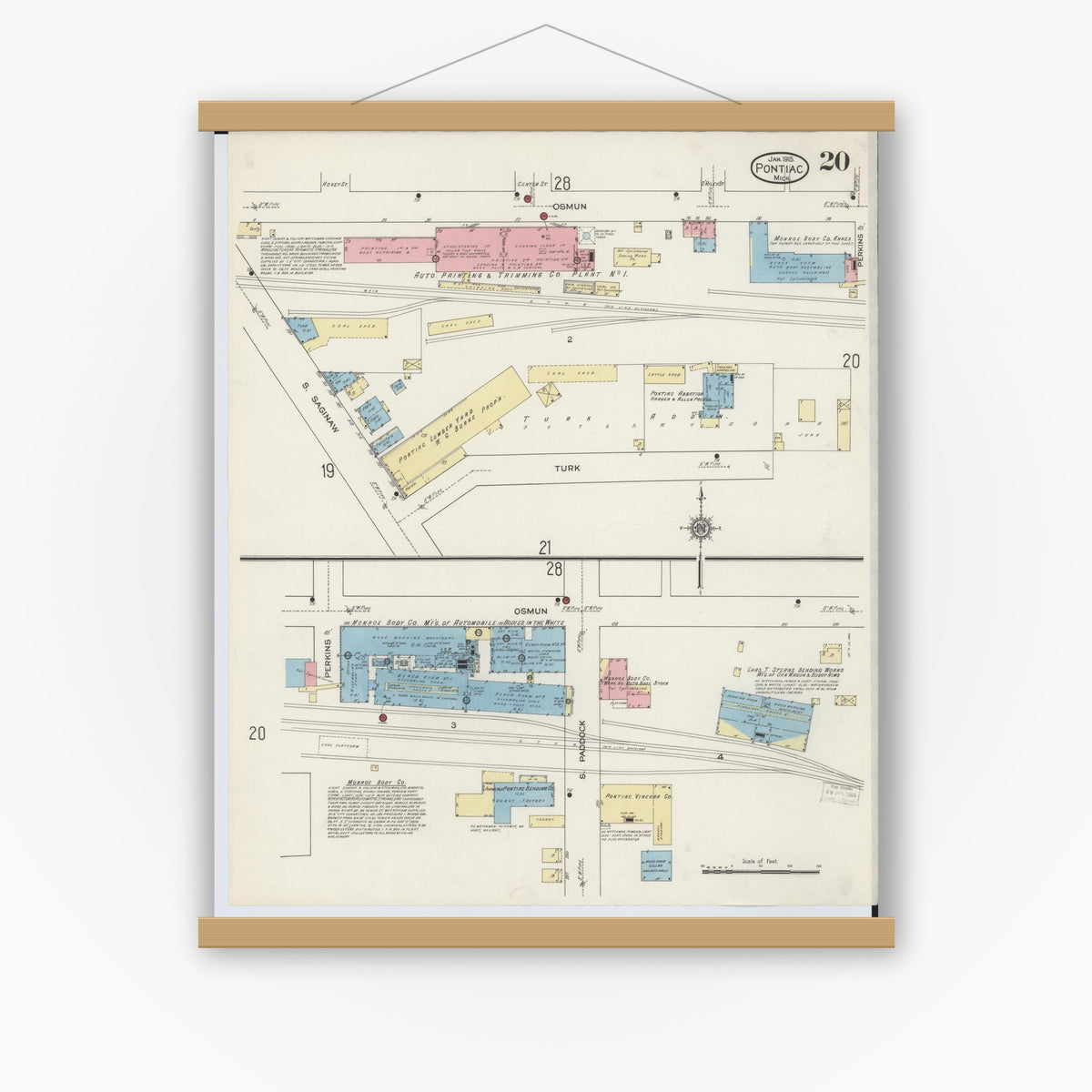 Old map wall art mockup — magnetic wood frame on white wall — Sanborn Fire Insurance Map from Pontiac, Oakland County, Michigan (1915), Sheet #0020