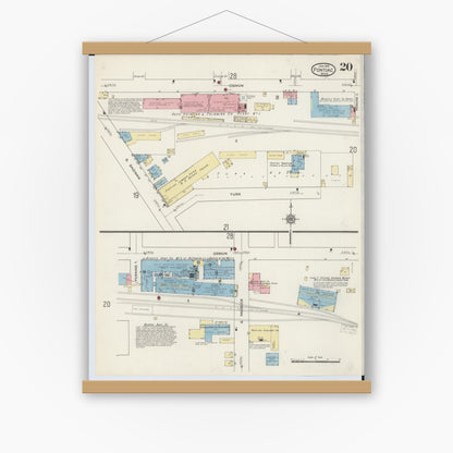 Old map wall art mockup — magnetic wood frame on white wall — Sanborn Fire Insurance Map from Pontiac, Oakland County, Michigan (1915), Sheet #0020