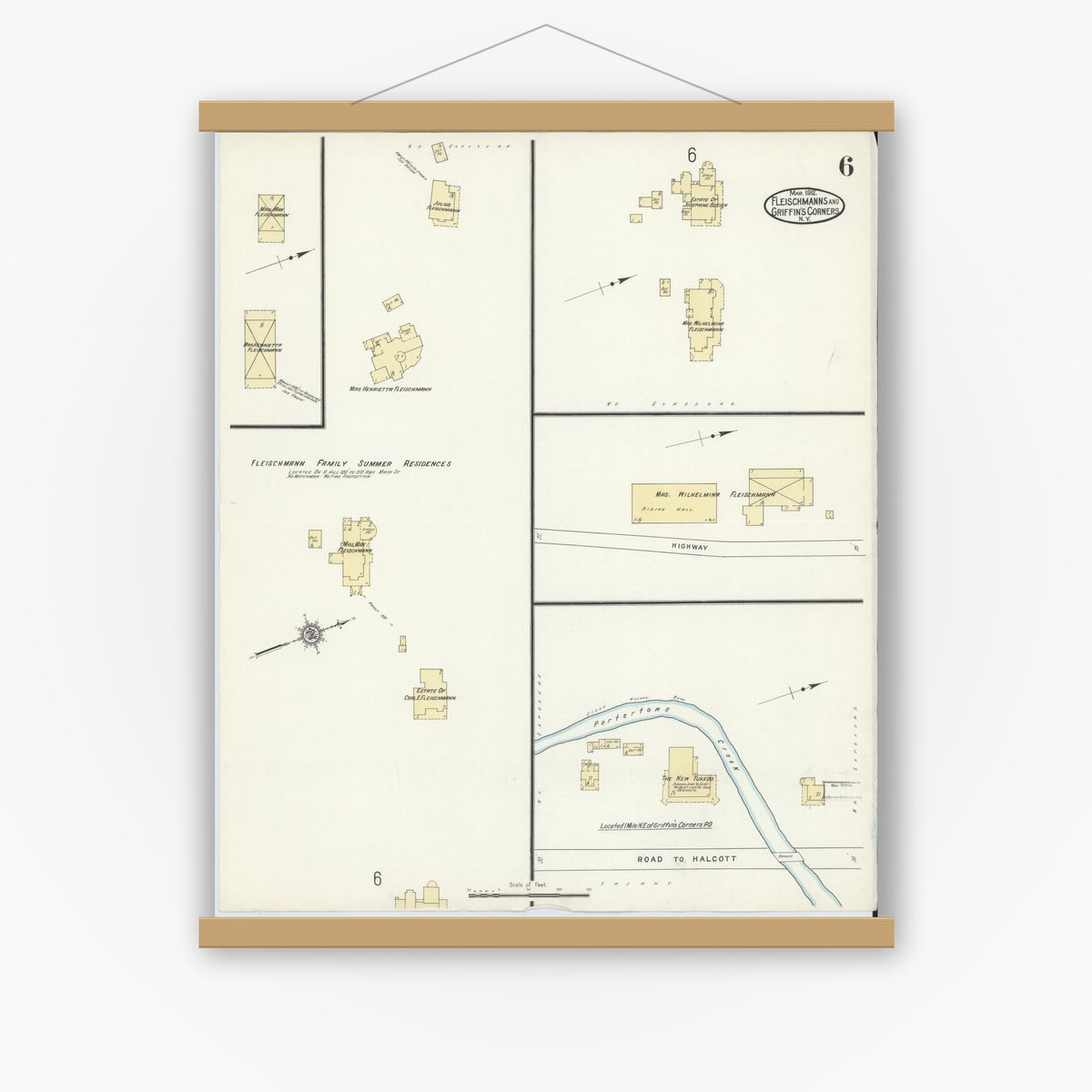 Old map wall art mockup — magnetic wood frame on white wall — Sanborn Fire Insurance Map from Fleischmanns, Delaware County, New York (1912), Sheet #0006