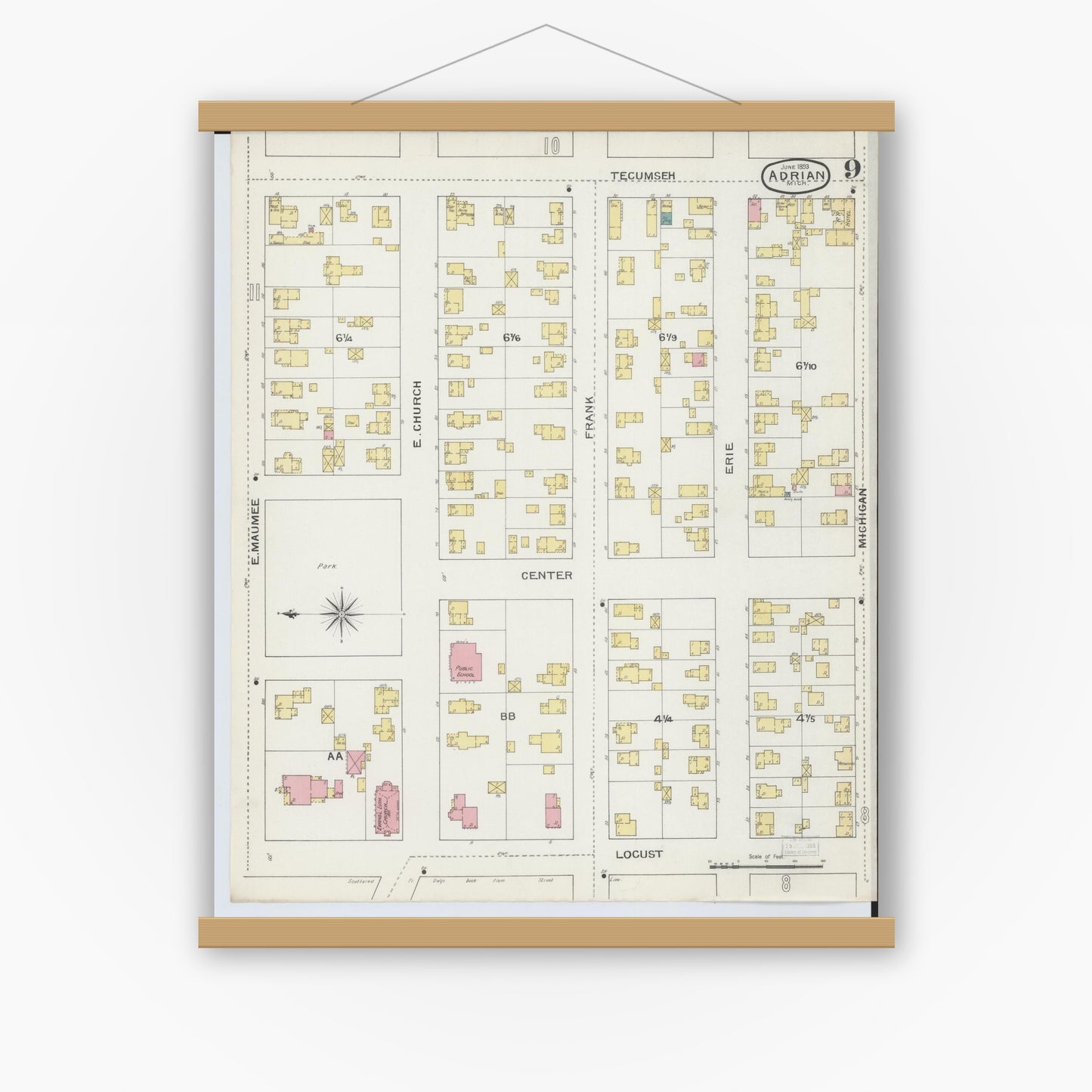 Old map wall art mockup — magnetic wood frame on white wall — Sanborn Fire Insurance Map from Adrian, Lenawee County, Michigan (1893), Sheet #0009