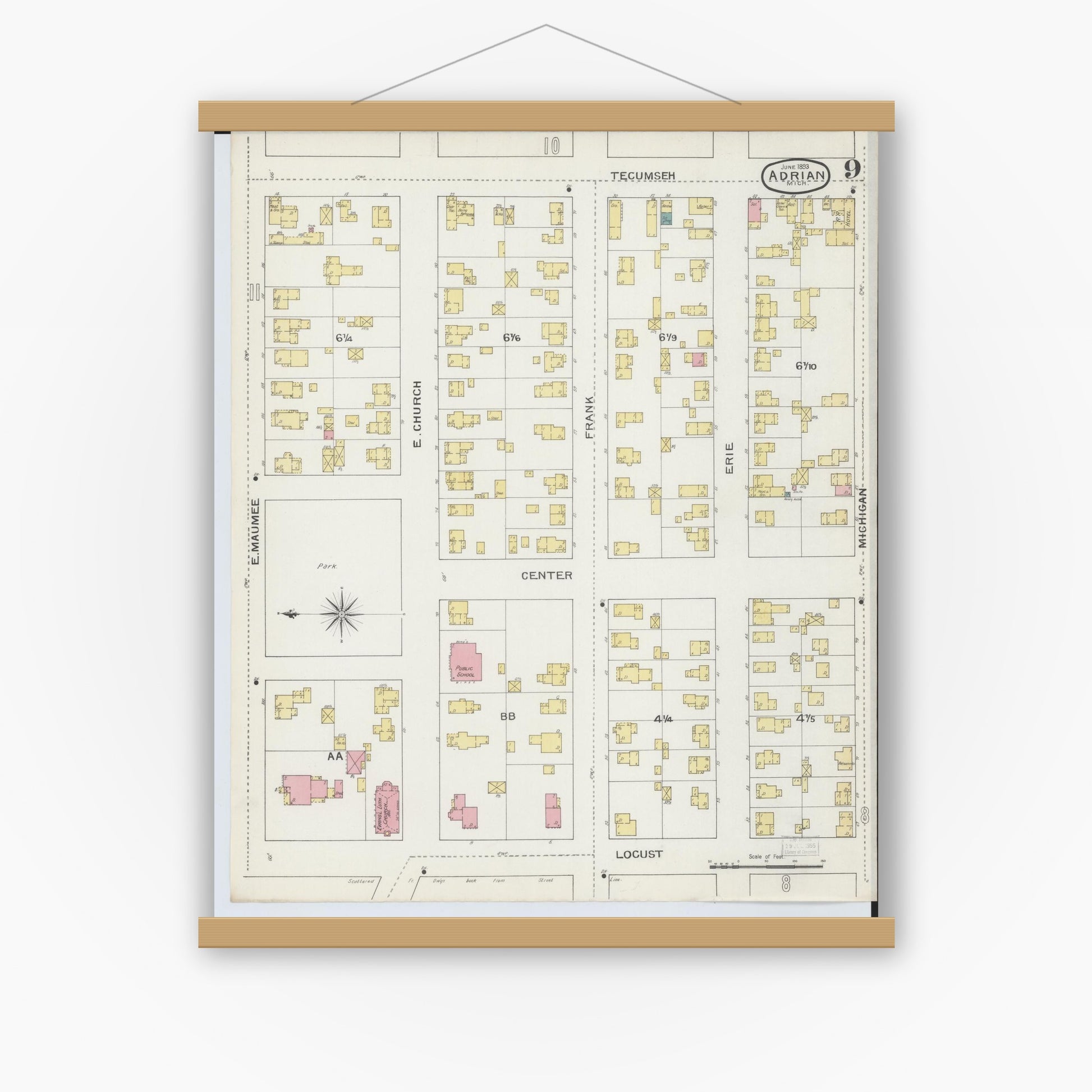 Old map wall art mockup — magnetic wood frame on white wall — Sanborn Fire Insurance Map from Adrian, Lenawee County, Michigan (1893), Sheet #0009