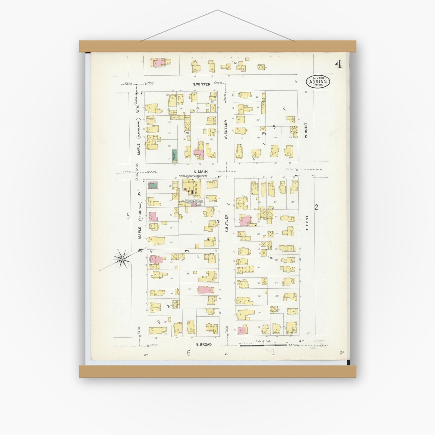 Old map wall art mockup — magnetic wood frame on white wall — Sanborn Fire Insurance Map from Adrian, Lenawee County, Michigan (1908), Sheet #0004