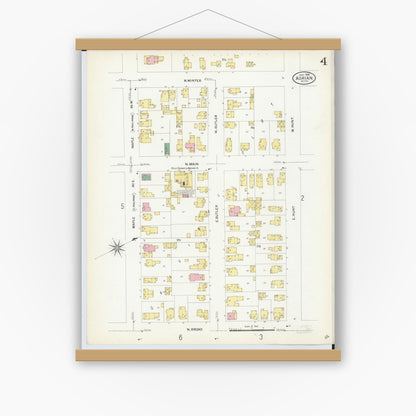 Old map wall art mockup — magnetic wood frame on white wall — Sanborn Fire Insurance Map from Adrian, Lenawee County, Michigan (1908), Sheet #0004