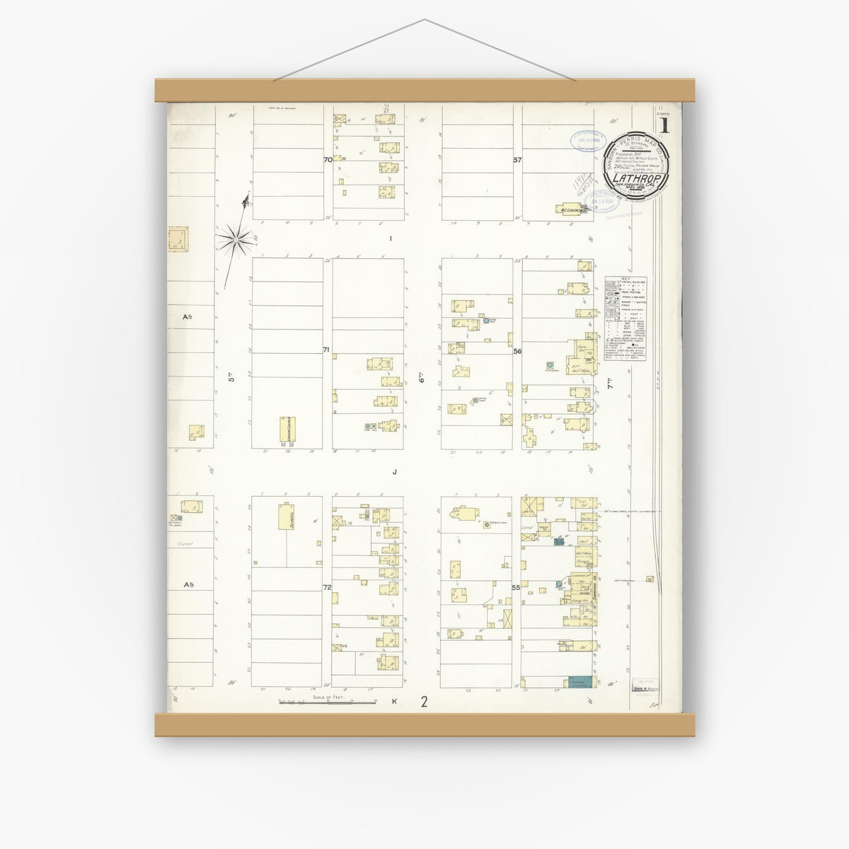 Old map wall art mockup — magnetic wood frame on white wall — Sanborn Fire Insurance Map from Lathrop, San Joaquin County, California (1898) - Complete Map Set