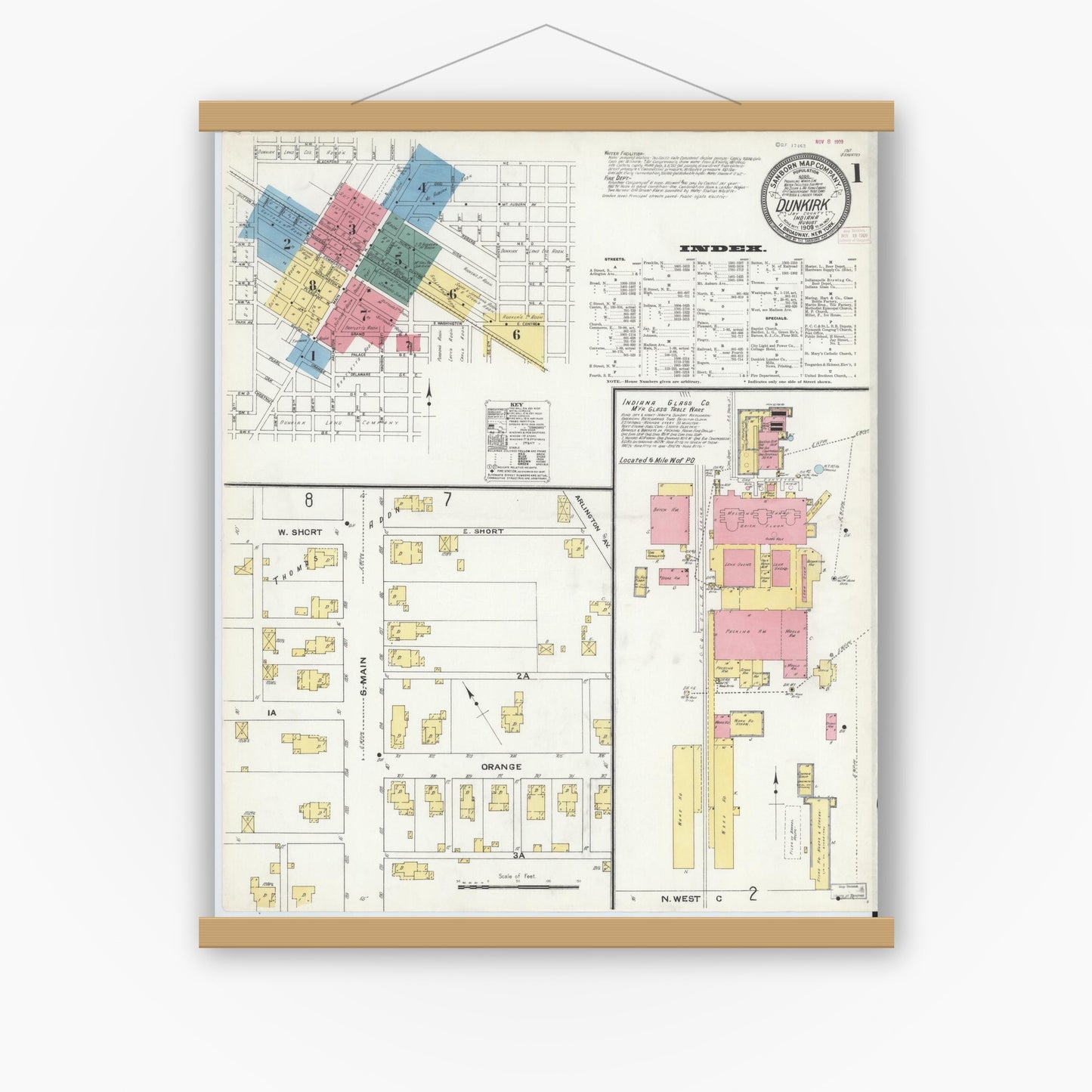 Old map wall art mockup — magnetic wood frame on white wall — Sanborn Fire Insurance Map from Dunkirk, Jay And Blackford Counties, Indiana (1909) - Complete Map Set