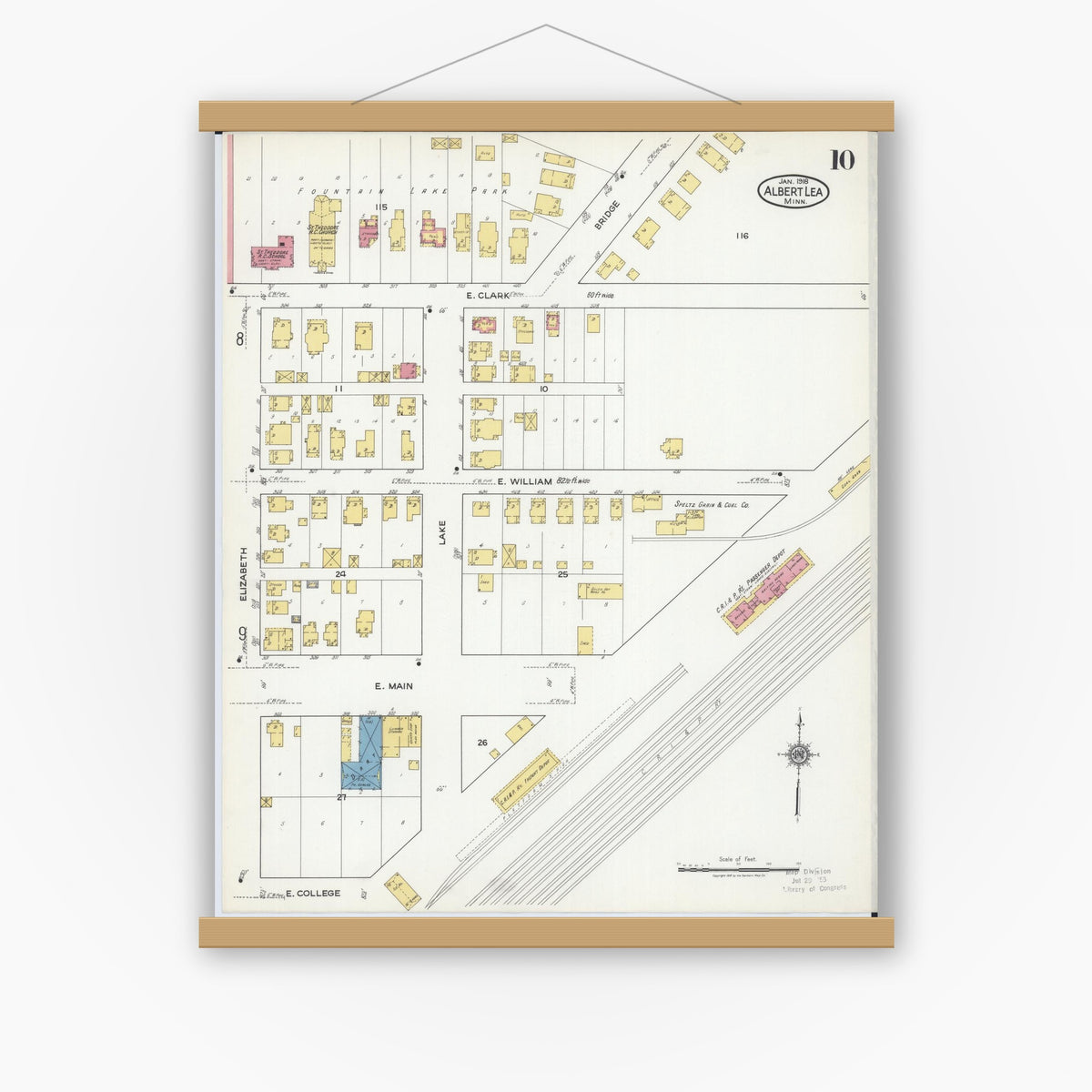 Old map wall art mockup — magnetic wood frame on white wall — Sanborn Fire Insurance Map from Albert Lea, Freeborn County, Minnesota (1918), Sheet #0010