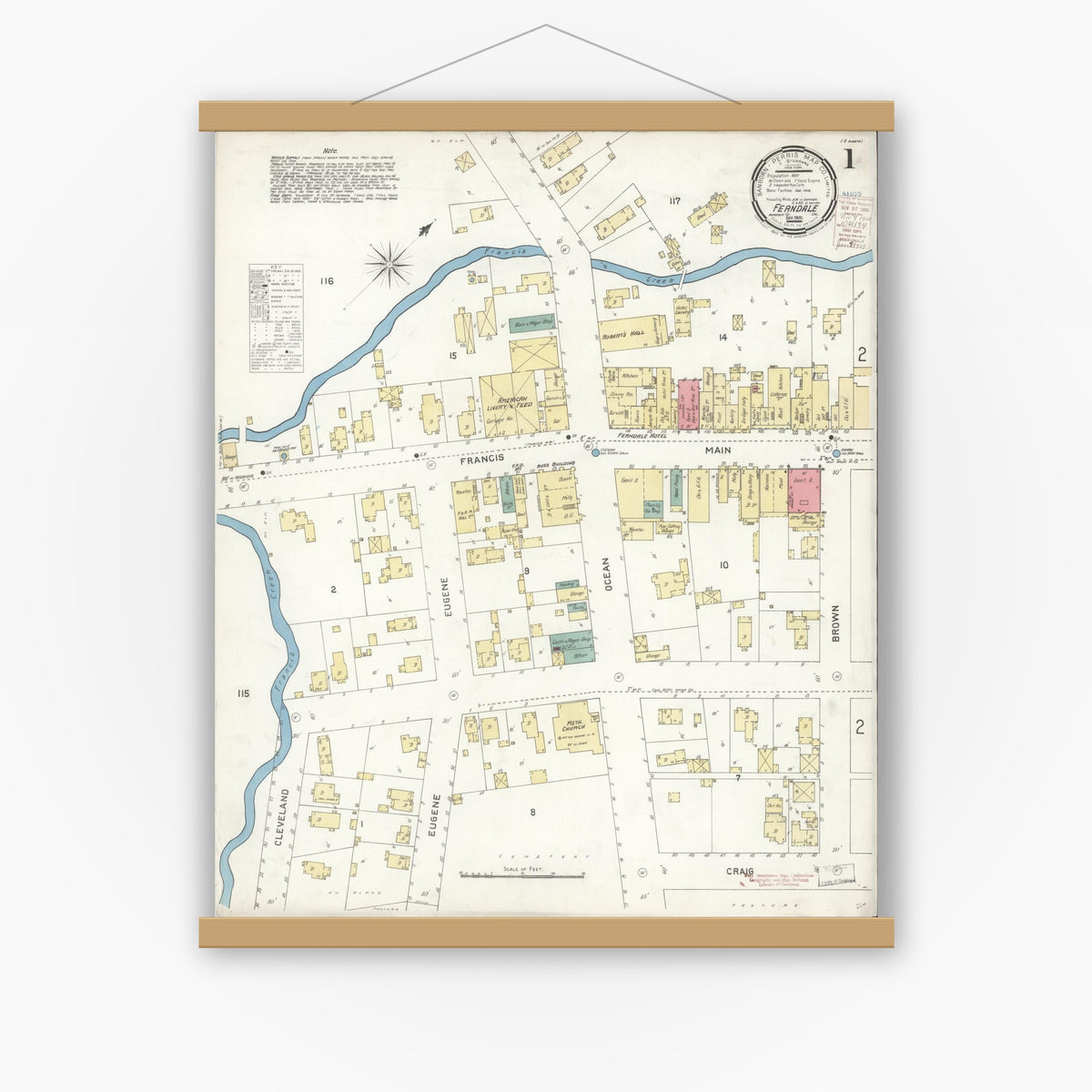 Old map wall art mockup — magnetic wood frame on white wall — Sanborn Fire Insurance Map from Ferndale, Humboldt County, California (1900) - Complete Map Set