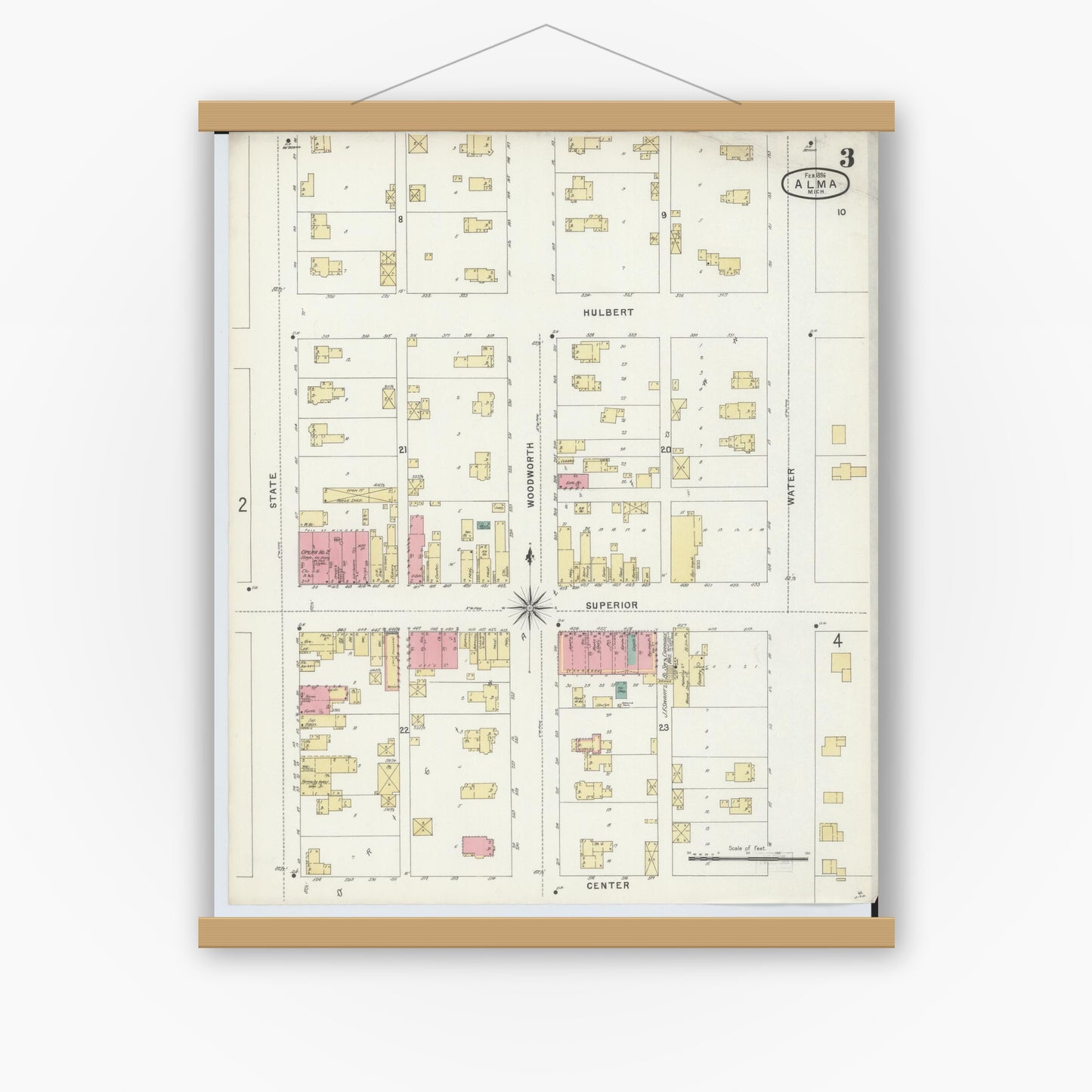 Old map wall art mockup — magnetic wood frame on white wall — Sanborn Fire Insurance Map from Alma, Gratiot County, Michigan (1896), Sheet #0003