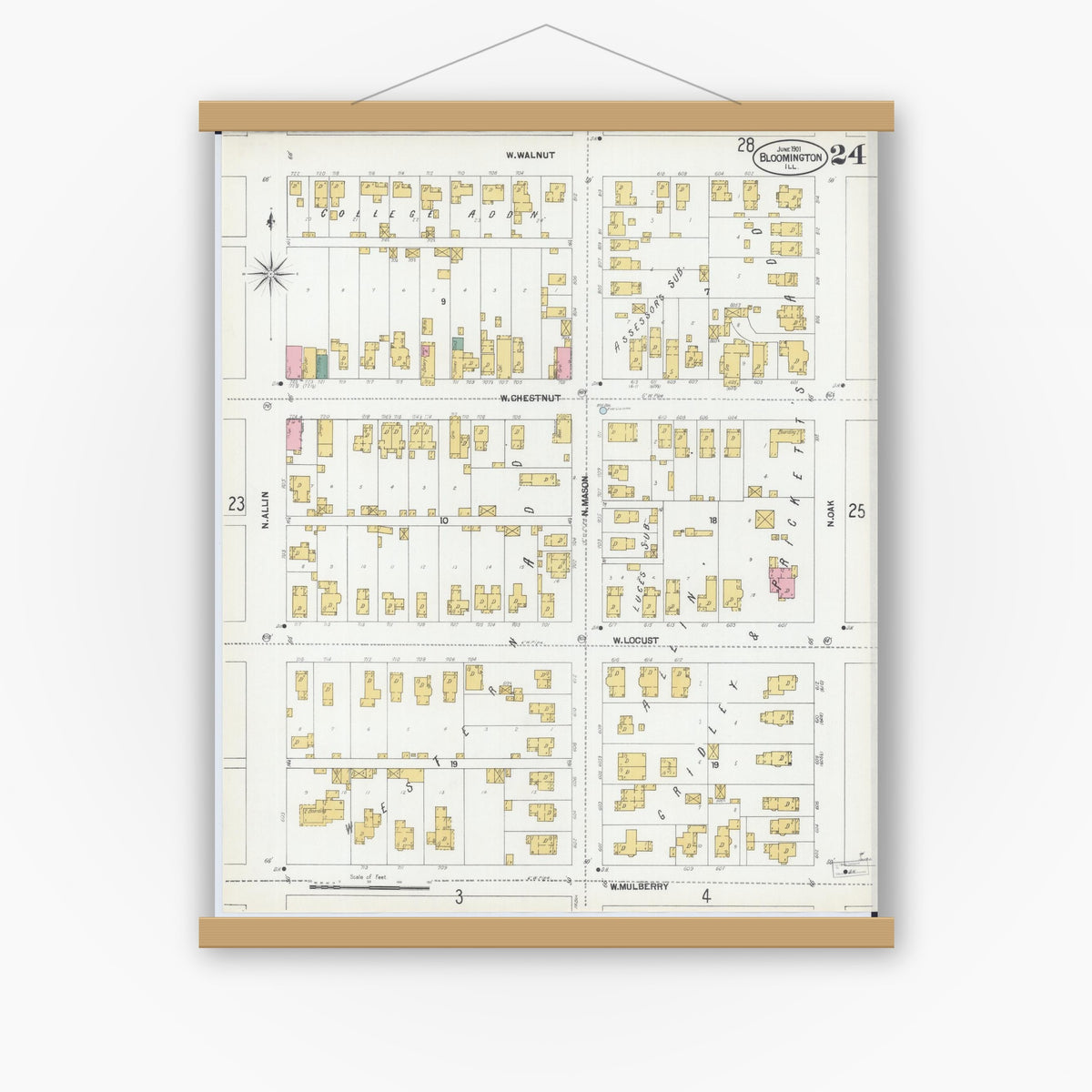 Old map wall art mockup — magnetic wood frame on white wall — Sanborn Fire Insurance Map from Bloomington, McLean County, Illinois (1901), Sheet #0024