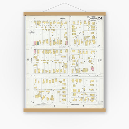 Old map wall art mockup — magnetic wood frame on white wall — Sanborn Fire Insurance Map from Bloomington, McLean County, Illinois (1901), Sheet #0024