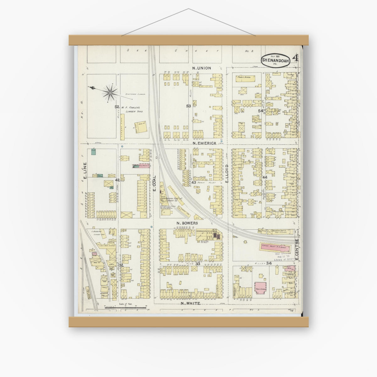 Old map wall art mockup — magnetic wood frame on white wall — Sanborn Fire Insurance Map from Shenandoah, Schuylkill County, Pennsylvania (1891), Sheet #0004
