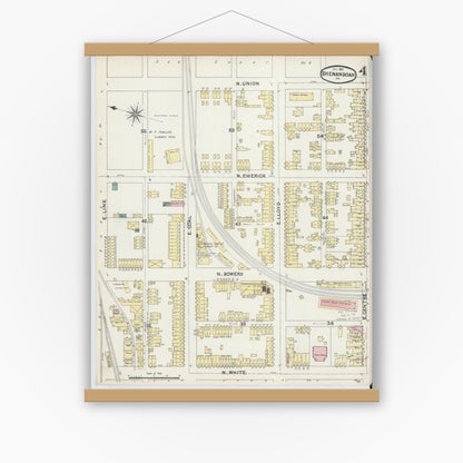 Old map wall art mockup — magnetic wood frame on white wall — Sanborn Fire Insurance Map from Shenandoah, Schuylkill County, Pennsylvania (1891), Sheet #0004