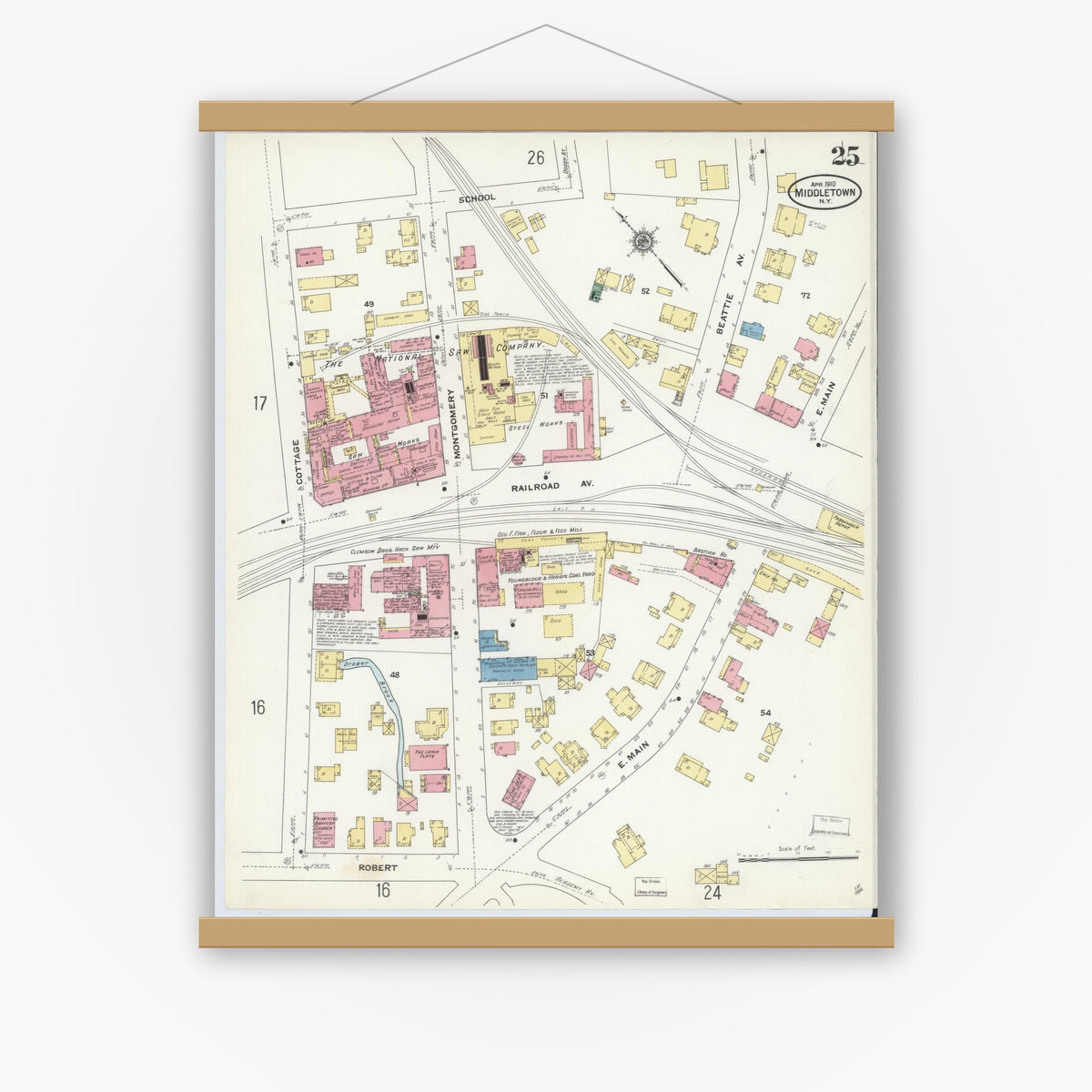Old map wall art mockup — magnetic wood frame on white wall — Sanborn Fire Insurance Map from Middletown, Orange County, New York (1910), Sheet #0025