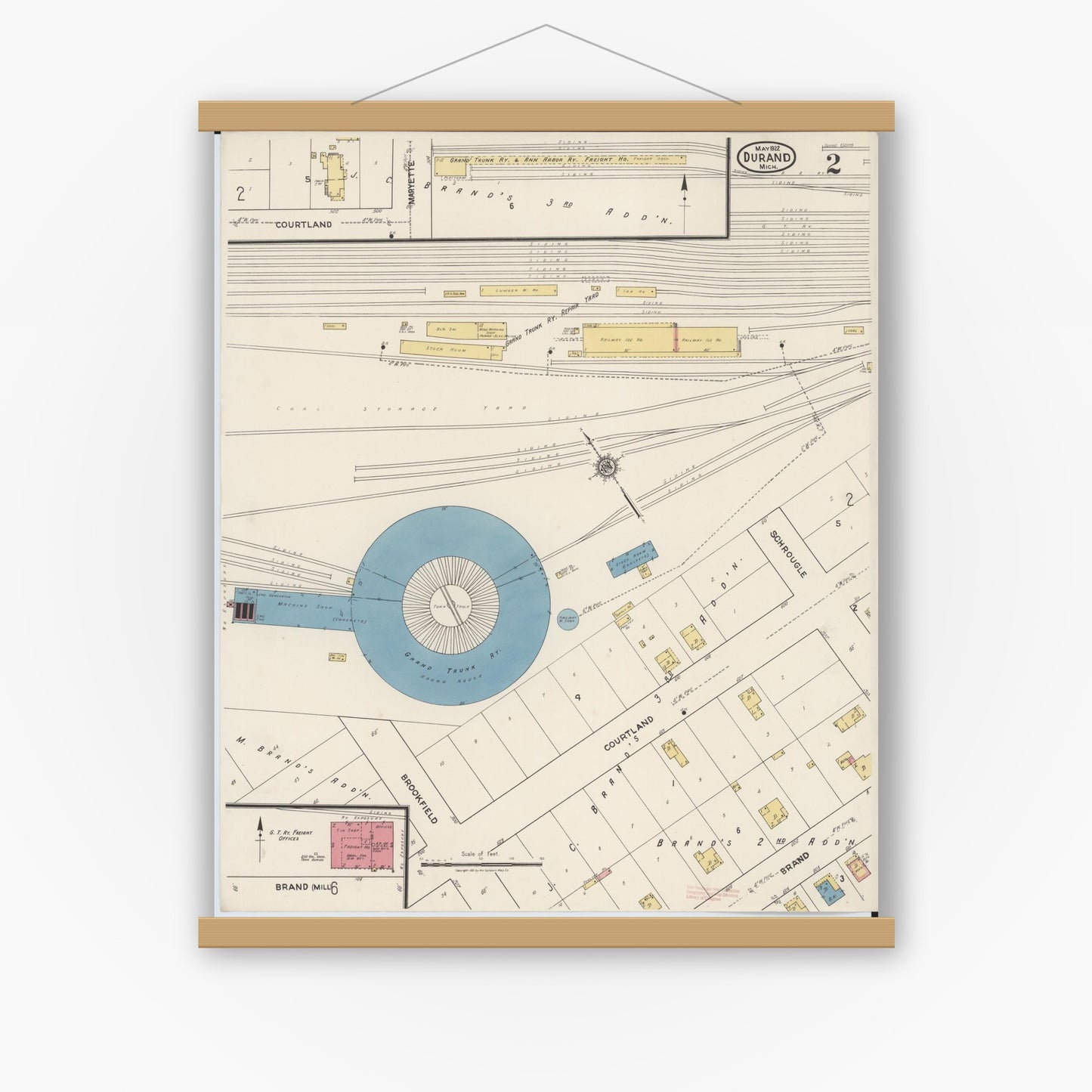 Old map wall art mockup — magnetic wood frame on white wall — Sanborn Fire Insurance Map from Durand, Shiawassee County, Michigan (1922), Sheet #0002