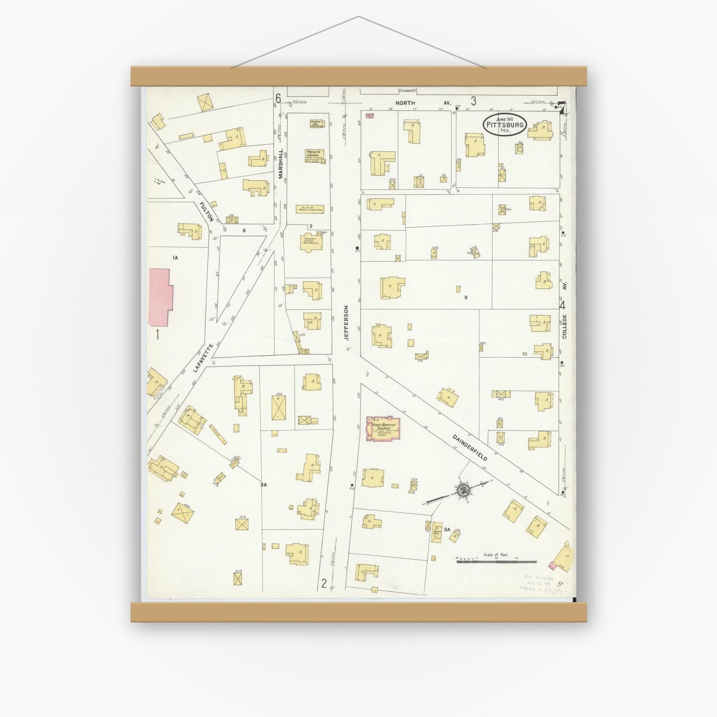 Old map wall art mockup — magnetic wood frame on white wall — Sanborn Fire Insurance Map from Pittsburg, Camp County, Texas (1911), Sheet #0007