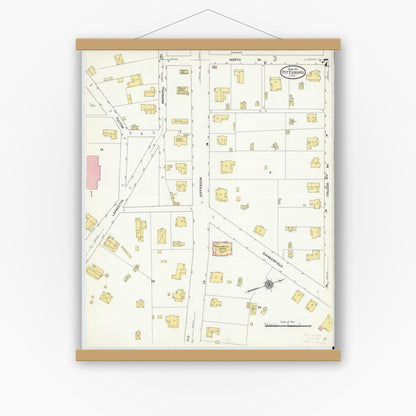 Old map wall art mockup — magnetic wood frame on white wall — Sanborn Fire Insurance Map from Pittsburg, Camp County, Texas (1911), Sheet #0007
