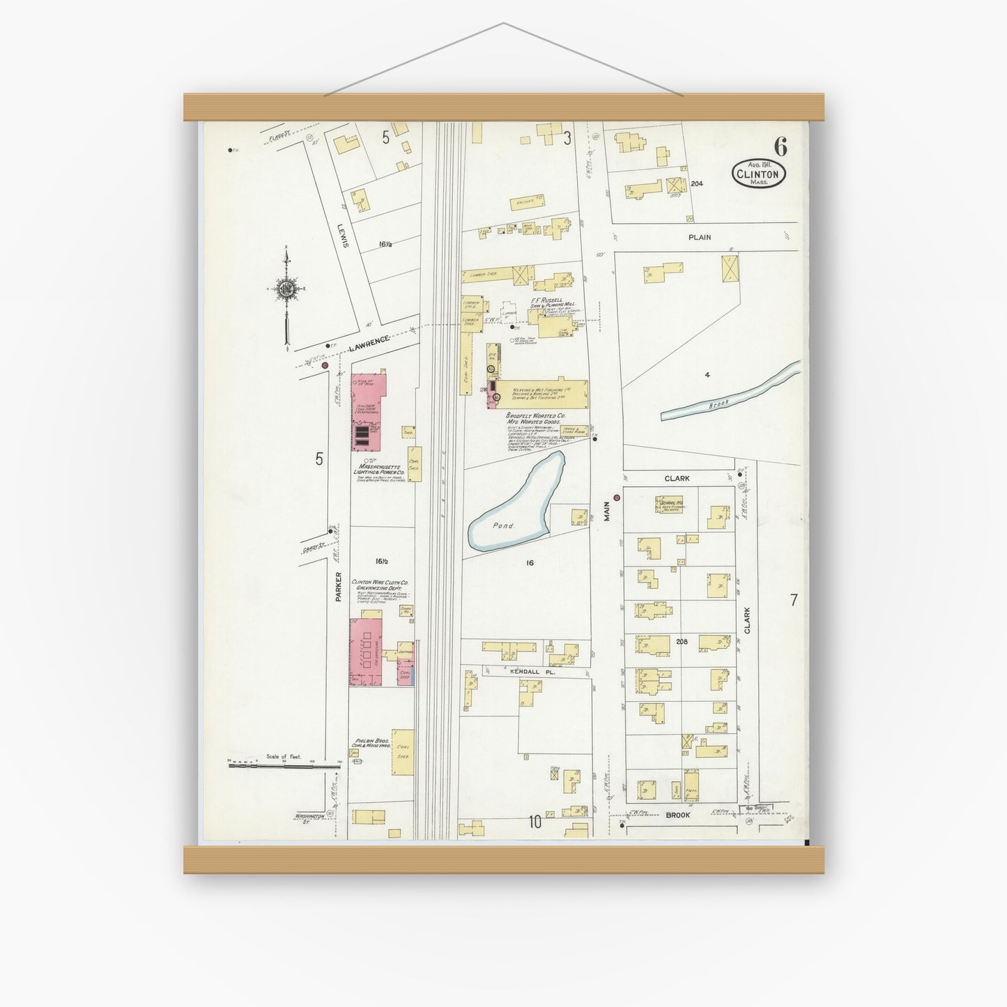 Old map wall art mockup — magnetic wood frame on white wall — Sanborn Fire Insurance Map from Clinton, Worcester County, Massachusetts (1911), Sheet #0006