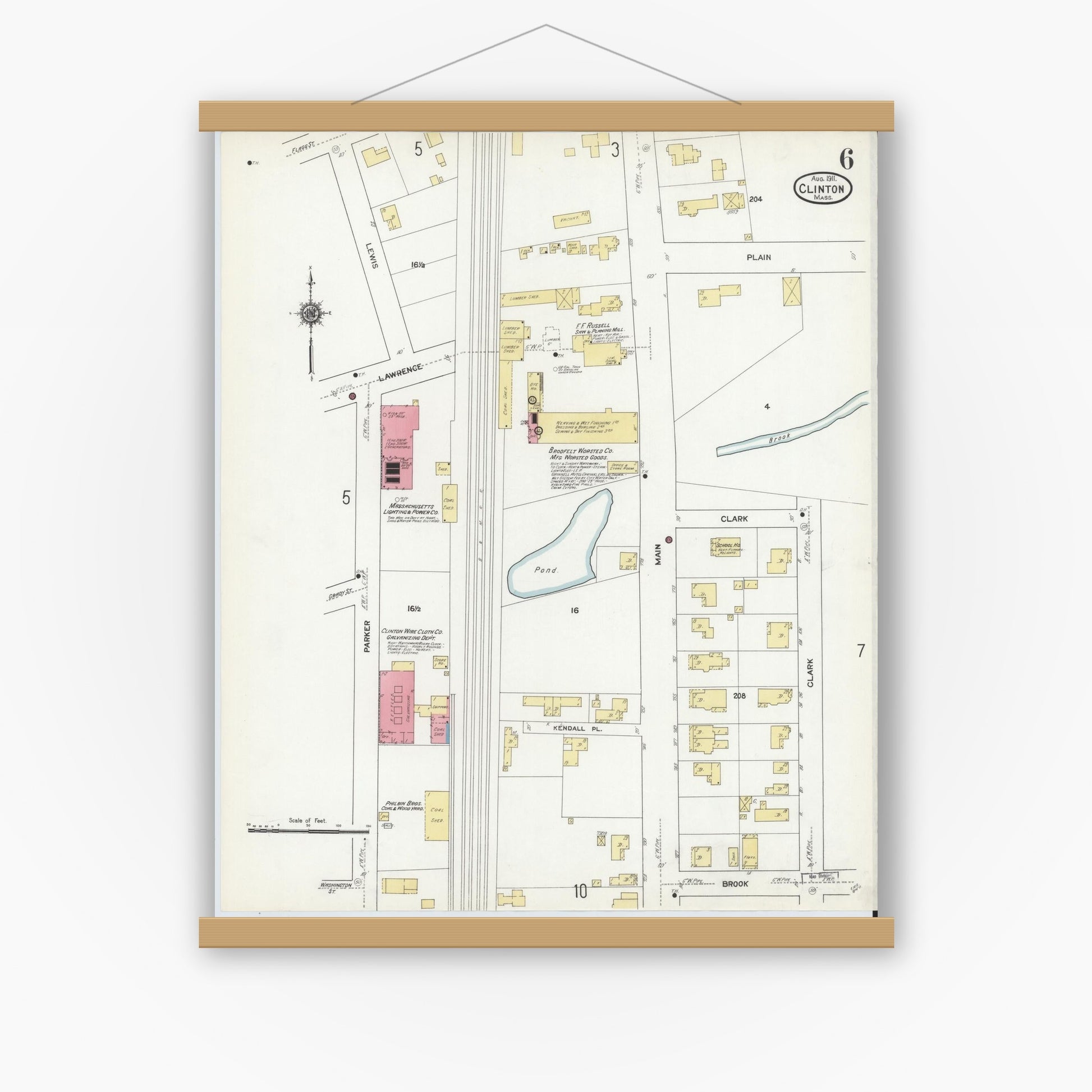 Old map wall art mockup — magnetic wood frame on white wall — Sanborn Fire Insurance Map from Clinton, Worcester County, Massachusetts (1911), Sheet #0006