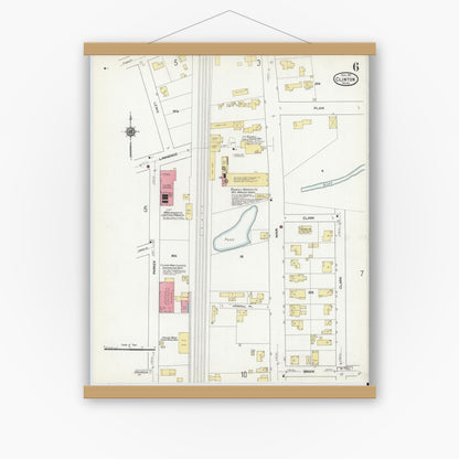 Old map wall art mockup — magnetic wood frame on white wall — Sanborn Fire Insurance Map from Clinton, Worcester County, Massachusetts (1911), Sheet #0006