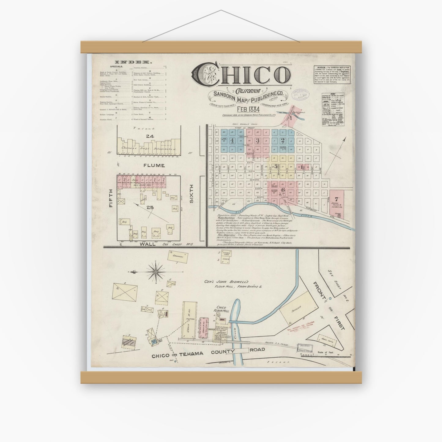 Old map wall art mockup — magnetic wood frame on white wall — Sanborn Fire Insurance Map from Chico, Butte County, California (1884), Sheet #0001