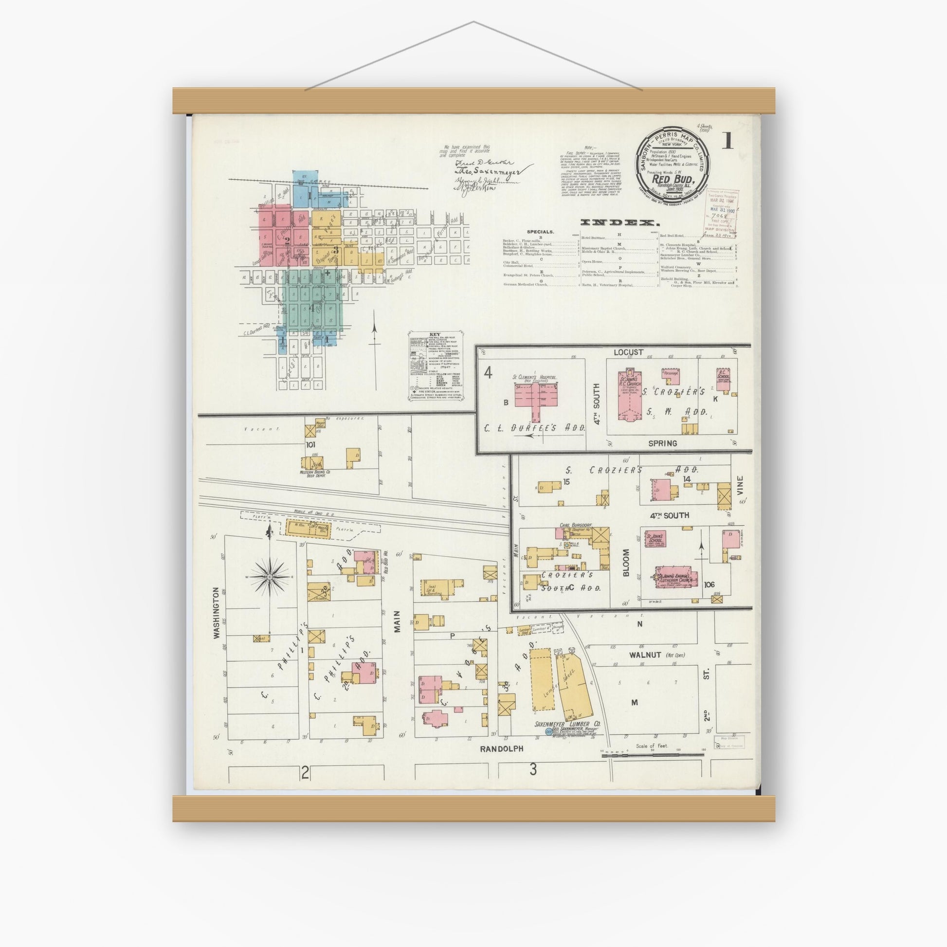 Old map wall art mockup — magnetic wood frame on white wall — Sanborn Fire Insurance Map from Red Bud, Randolph County, Illinois (1900), Sheet #0001