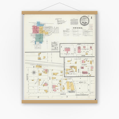 Old map wall art mockup — magnetic wood frame on white wall — Sanborn Fire Insurance Map from Red Bud, Randolph County, Illinois (1900), Sheet #0001