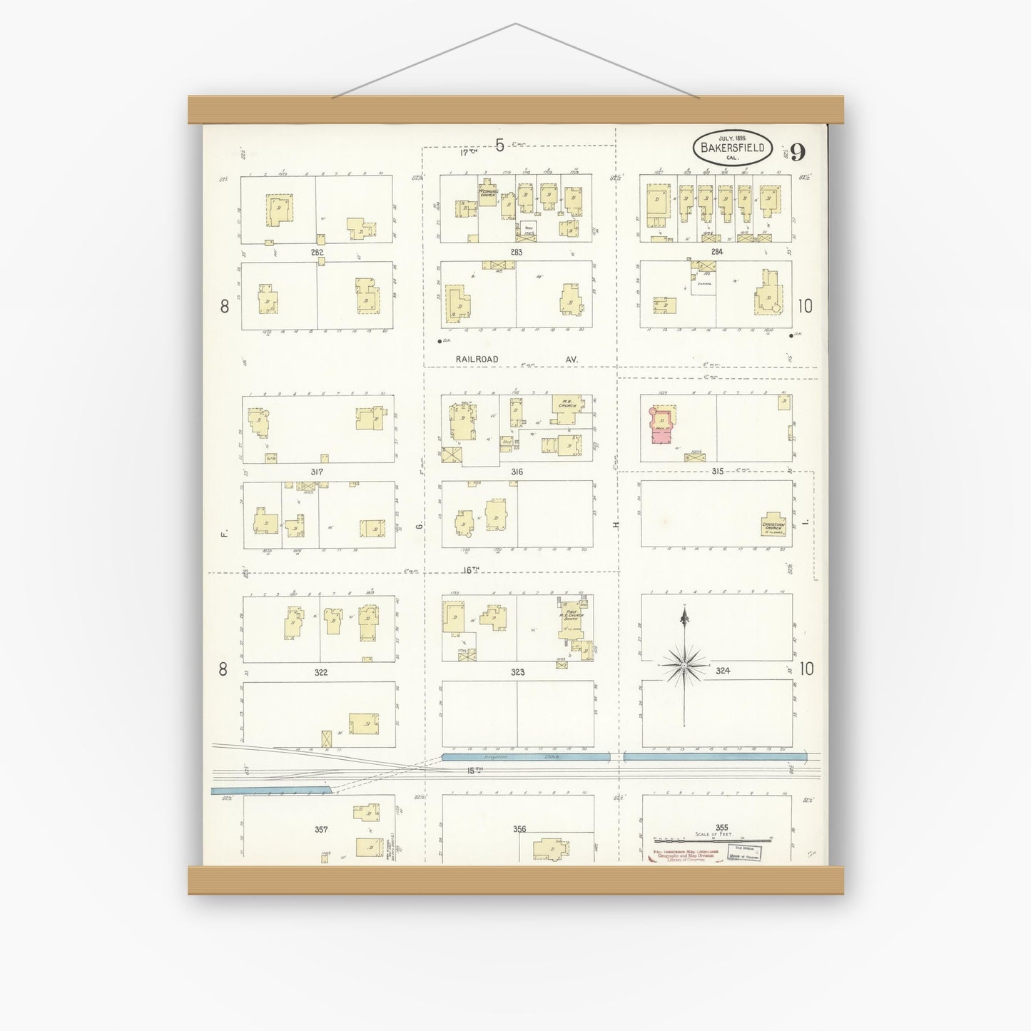 Old map wall art mockup — magnetic wood frame on white wall — Sanborn Fire Insurance Map from Bakersfield, Kern County, California (1899), Sheet #0009