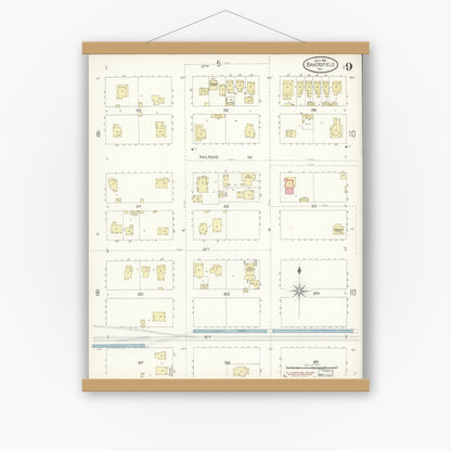 Old map wall art mockup — magnetic wood frame on white wall — Sanborn Fire Insurance Map from Bakersfield, Kern County, California (1899), Sheet #0009