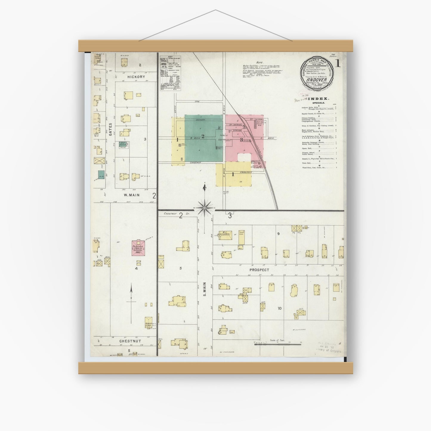 Old map wall art mockup — magnetic wood frame on white wall — Sanborn Fire Insurance Map from Andover, Ashtabula County, Ohio (1896), Sheet #0001