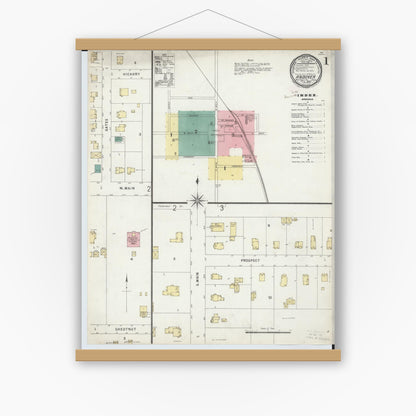 Old map wall art mockup — magnetic wood frame on white wall — Sanborn Fire Insurance Map from Andover, Ashtabula County, Ohio (1896), Sheet #0001