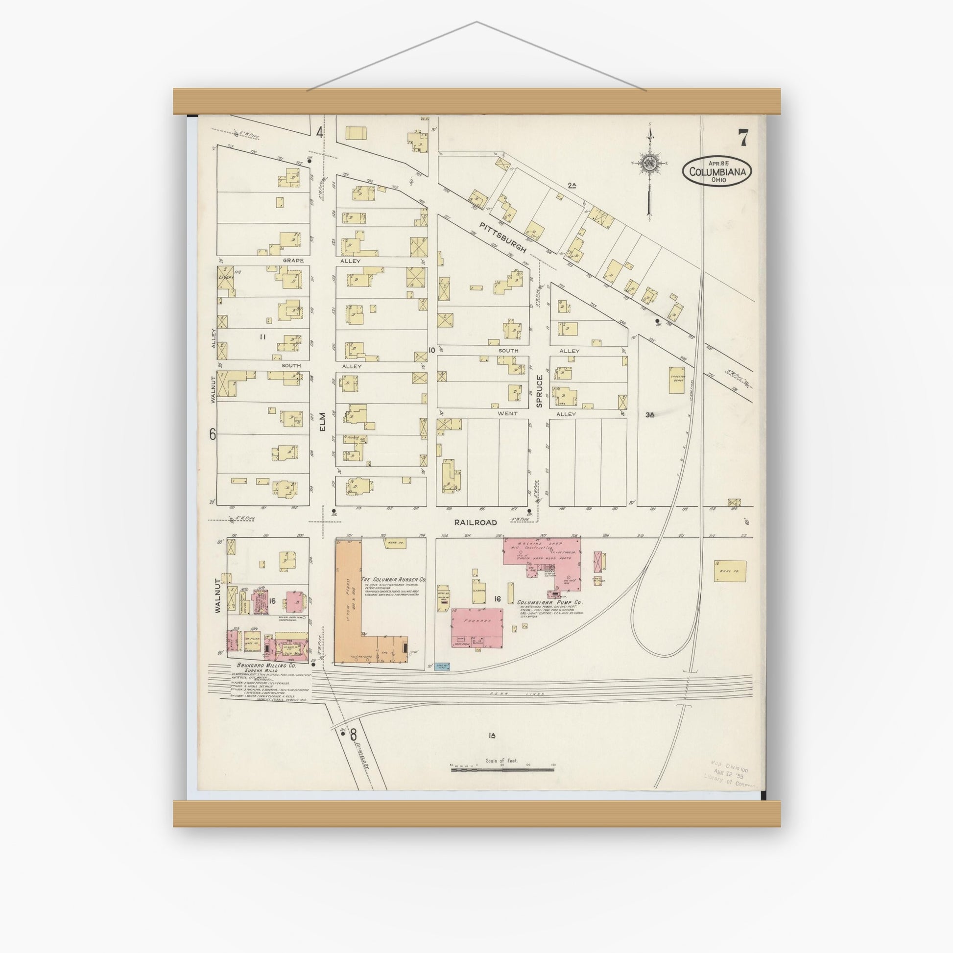 Old map wall art mockup — magnetic wood frame on white wall — Sanborn Fire Insurance Map from Columbiana, Columbiana County, Ohio (1915), Sheet #0007