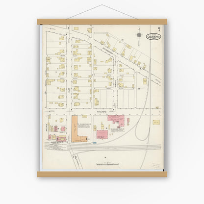 Old map wall art mockup — magnetic wood frame on white wall — Sanborn Fire Insurance Map from Columbiana, Columbiana County, Ohio (1915), Sheet #0007
