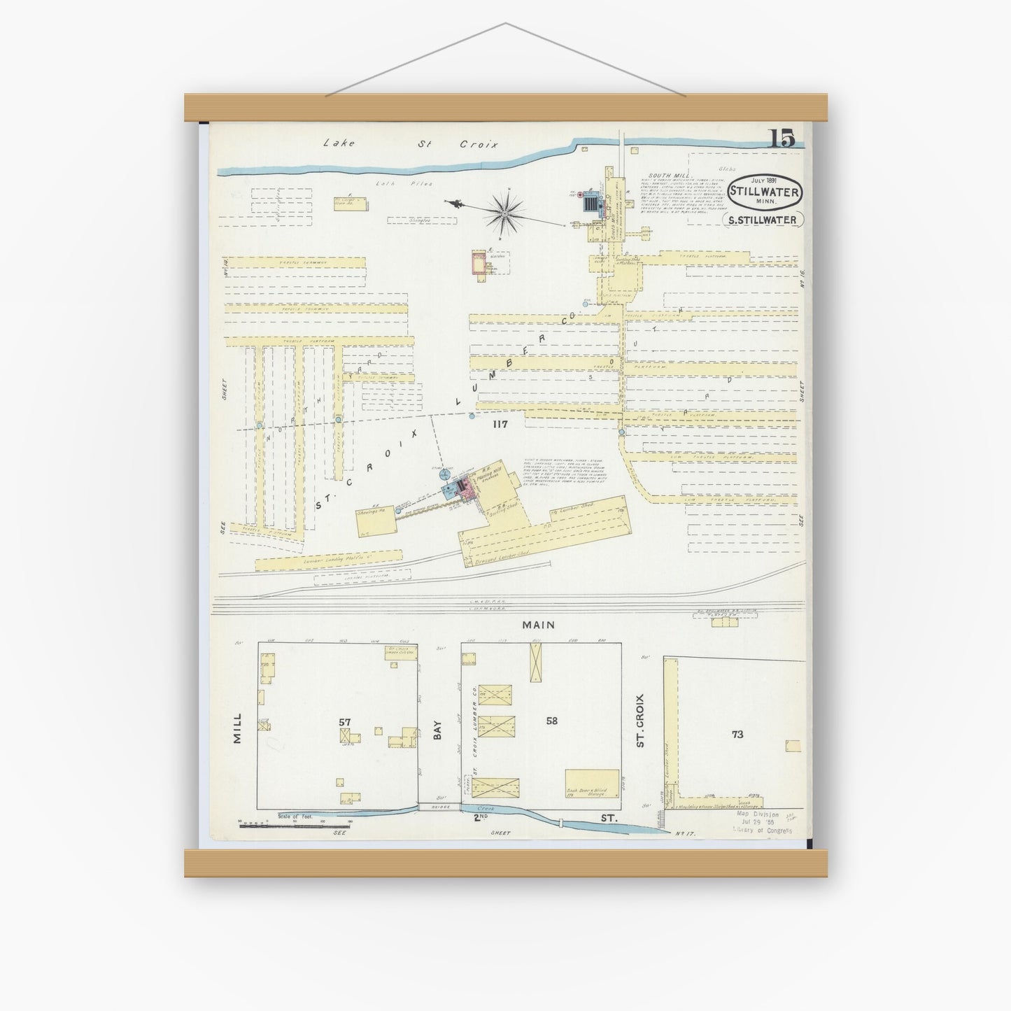 Old map wall art mockup — magnetic wood frame on white wall — Sanborn Fire Insurance Map from Stillwater, Washington County, Minnesota (1891), Sheet #0015