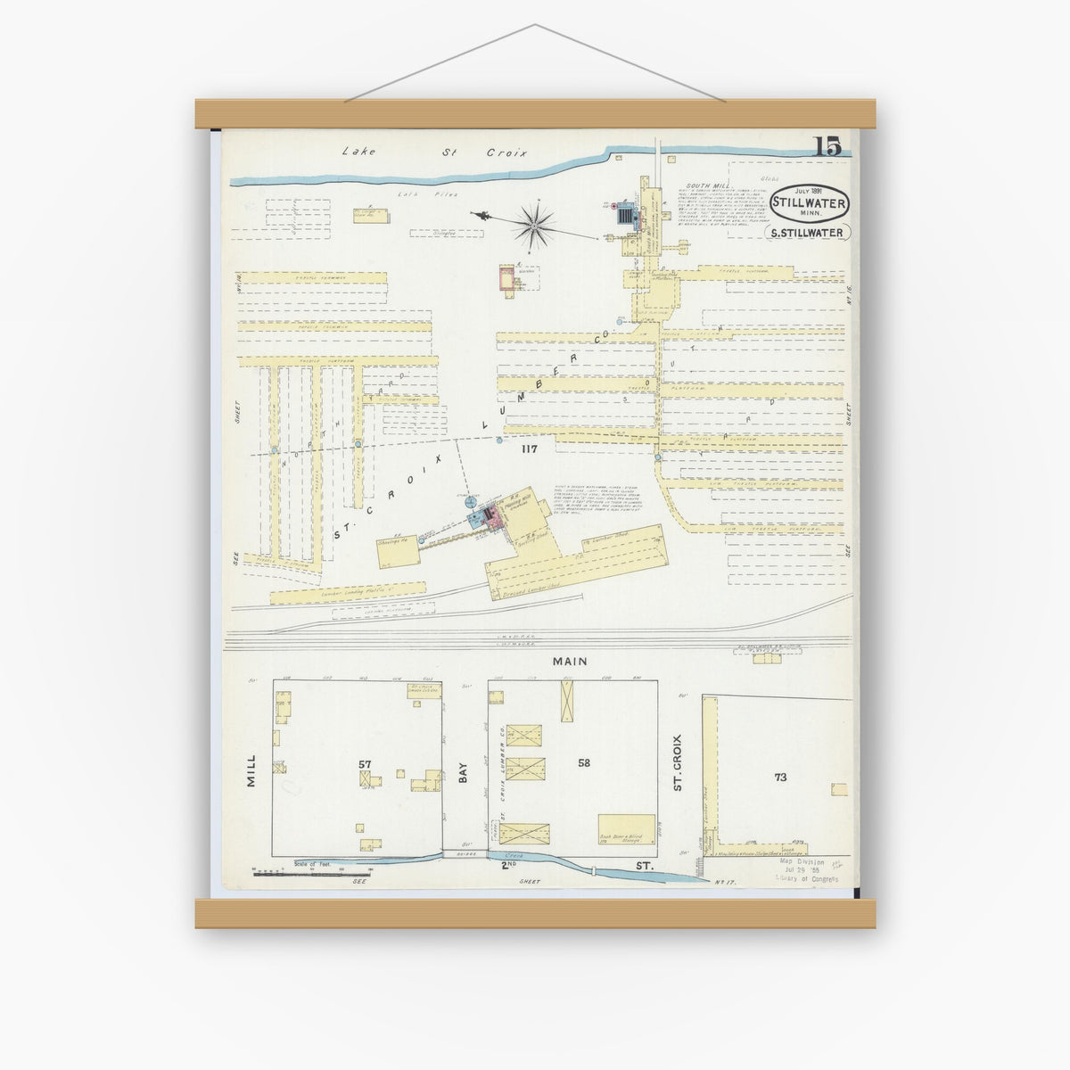 Old map wall art mockup — magnetic wood frame on white wall — Sanborn Fire Insurance Map from Stillwater, Washington County, Minnesota (1891), Sheet #0015