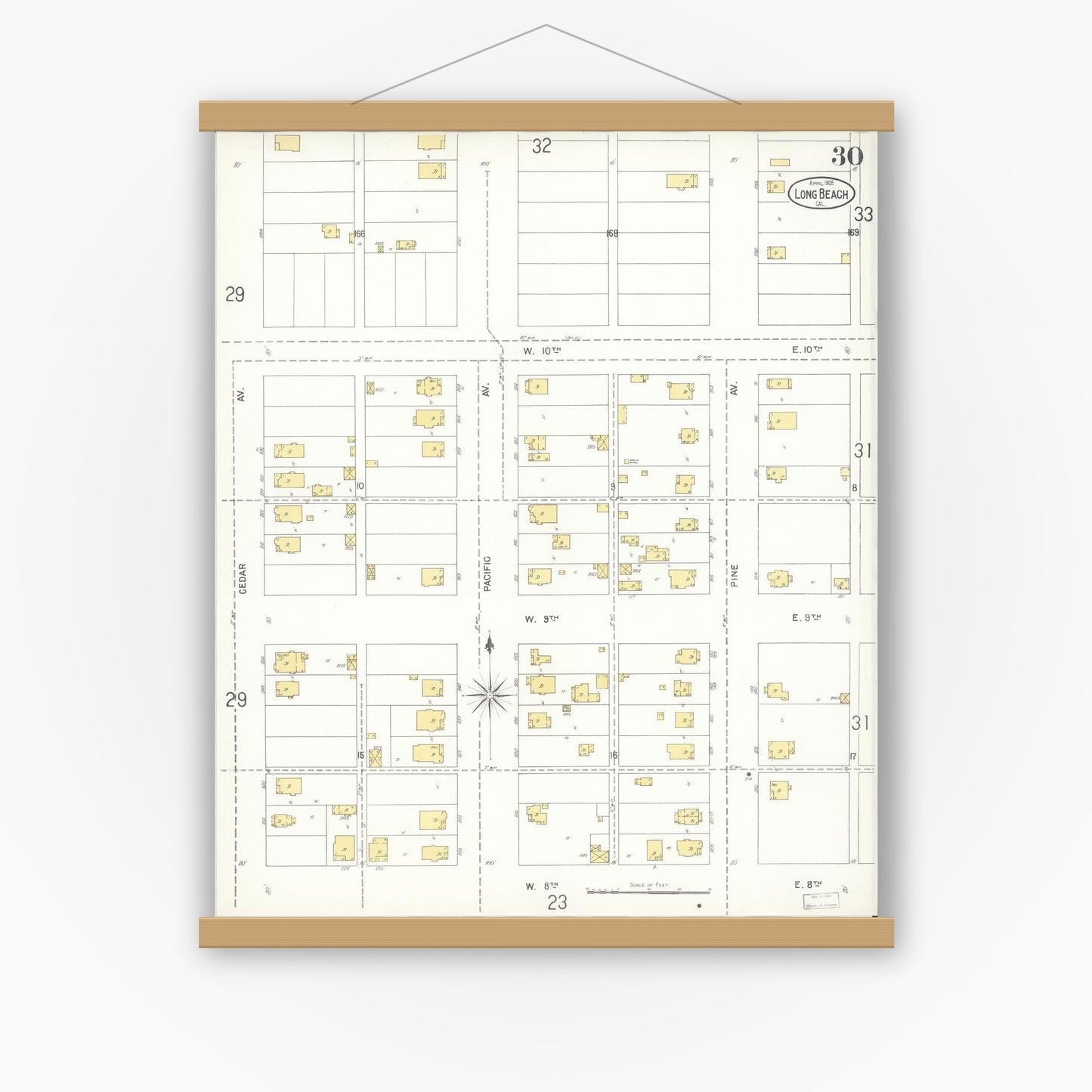 Old map wall art mockup — magnetic wood frame on white wall — Sanborn Fire Insurance Map from Long Beach, Los Angeles County, California (1905), Sheet #0030