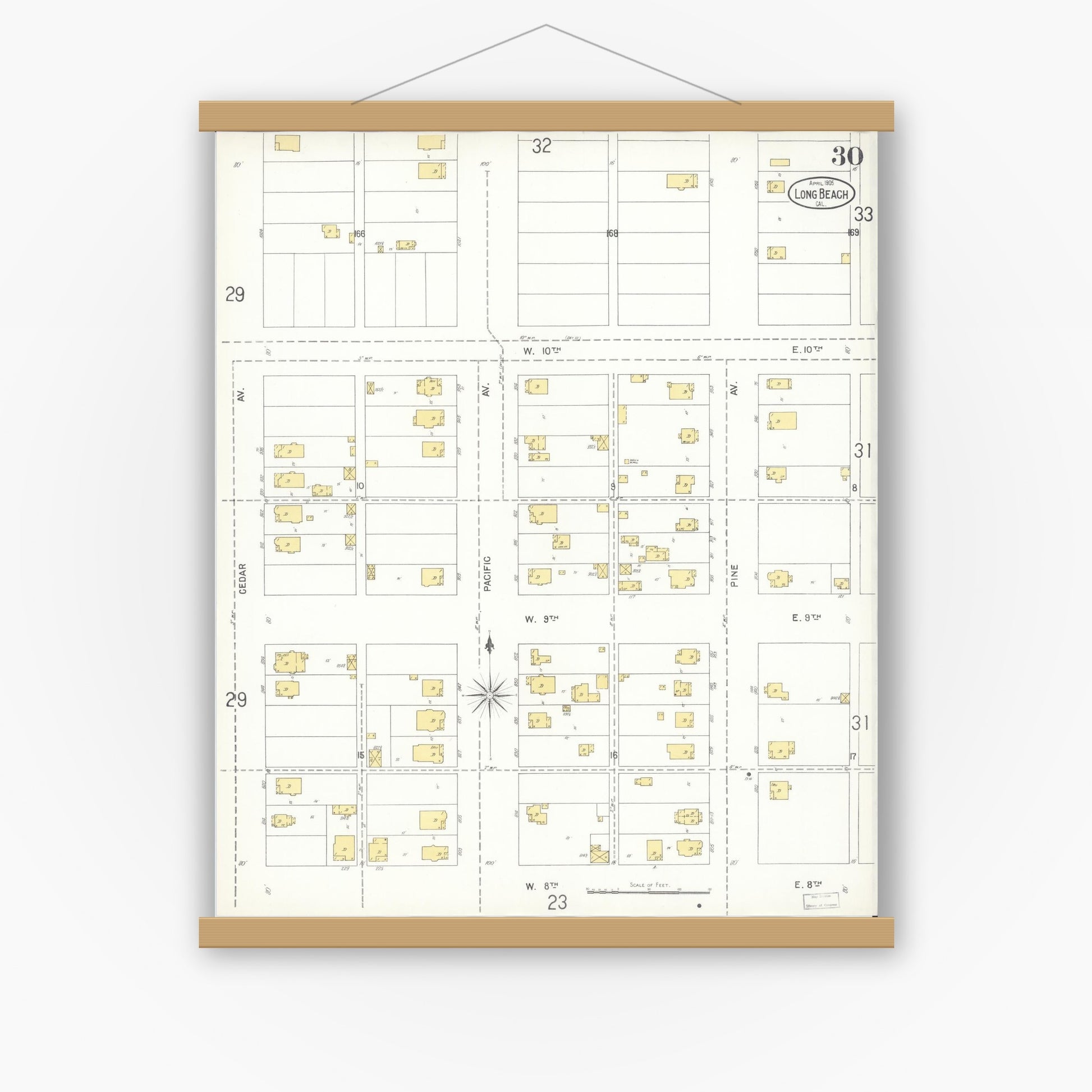 Old map wall art mockup — magnetic wood frame on white wall — Sanborn Fire Insurance Map from Long Beach, Los Angeles County, California (1905), Sheet #0030