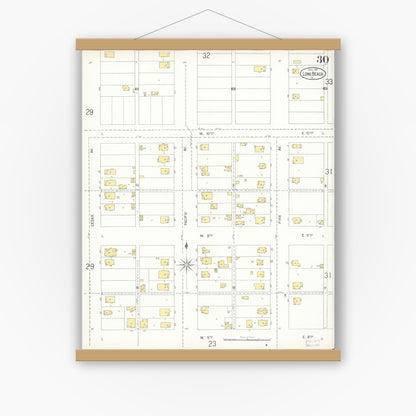 Old map wall art mockup — magnetic wood frame on white wall — Sanborn Fire Insurance Map from Long Beach, Los Angeles County, California (1905), Sheet #0030